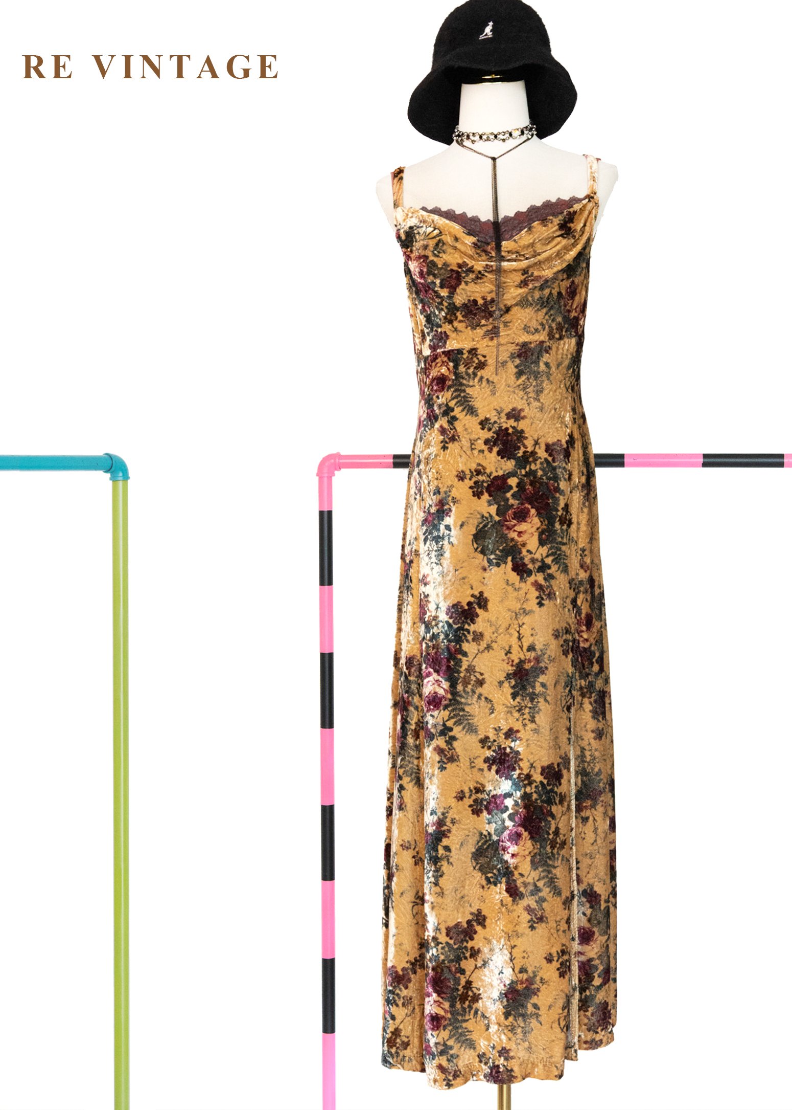 酒紅玫瑰琥珀滿版繁花絨布長洋裝