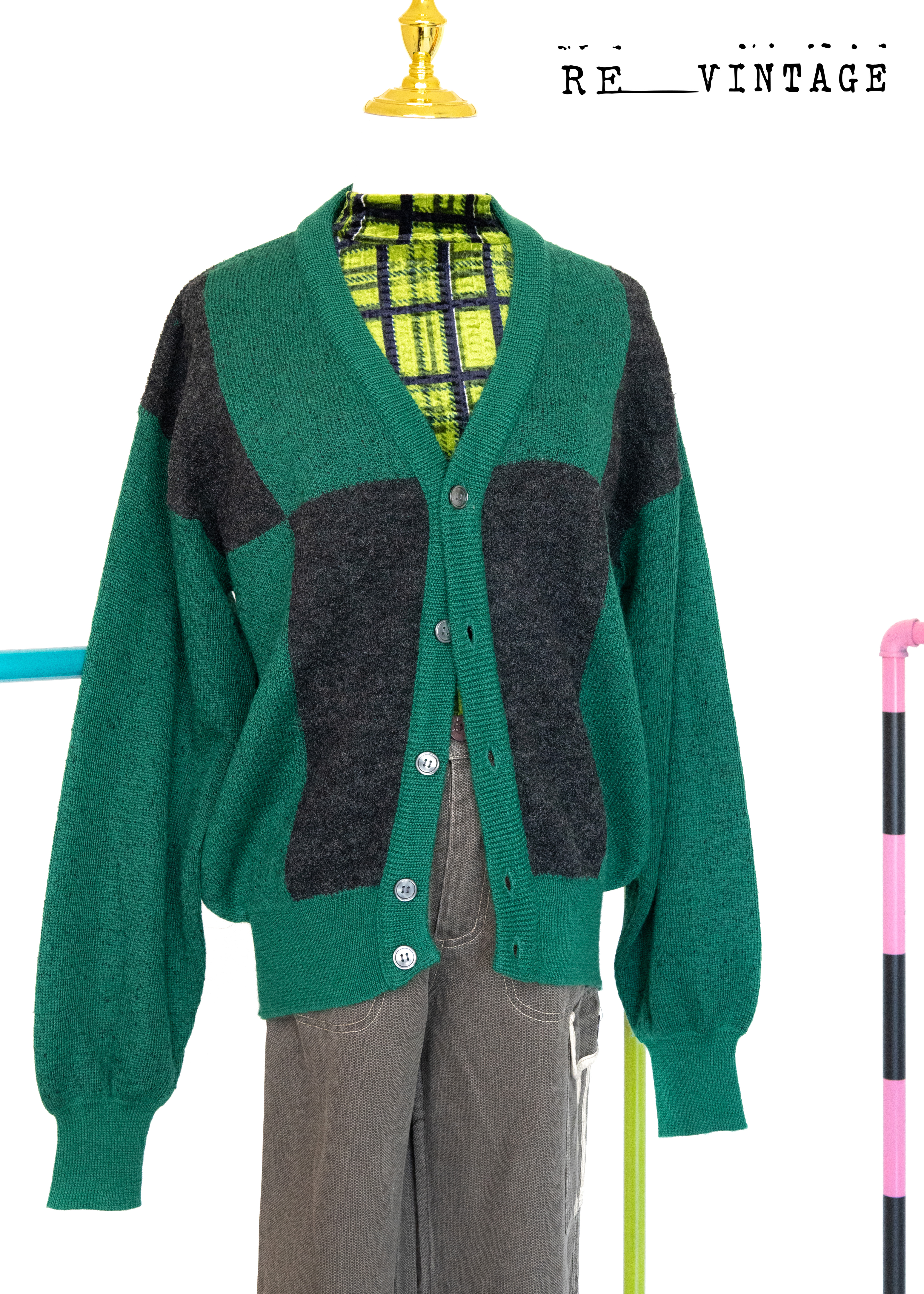 寶綠色/深灰大格紋針織外套