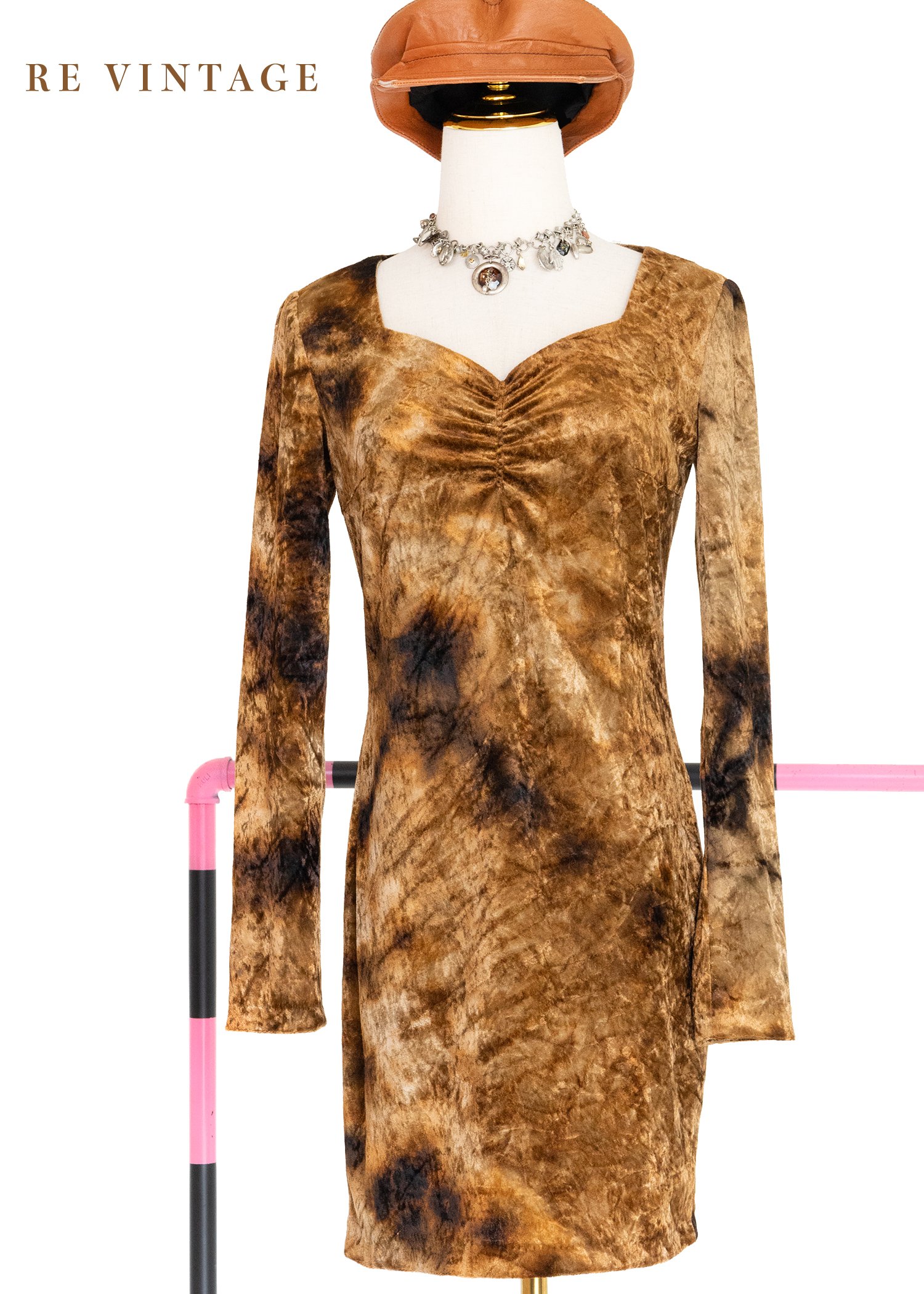 Tie dye金棕色絨布美美短洋裝