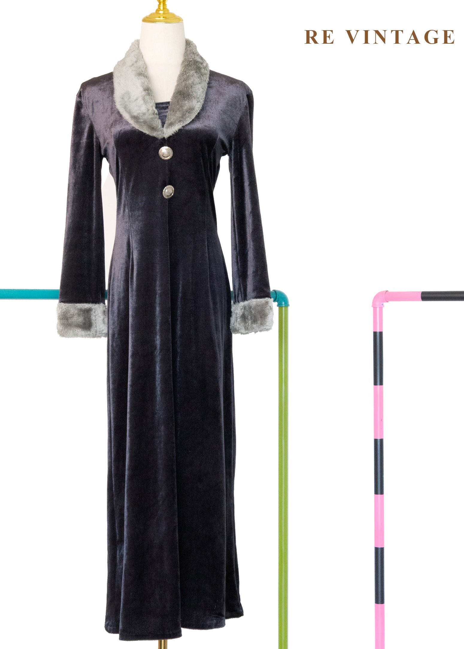 深冬劇場深灰光澤絨布長洋裝