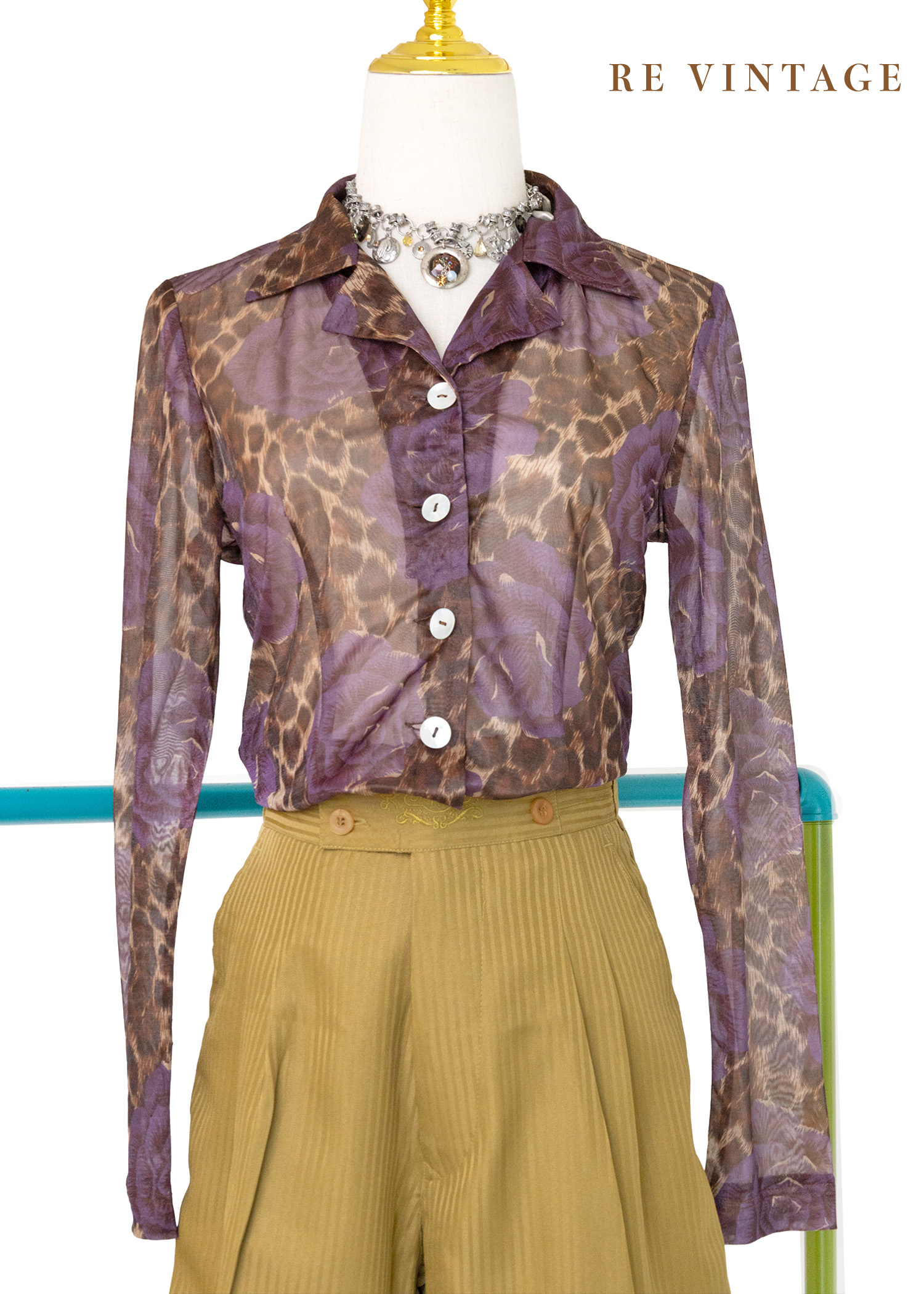 豹紋與紫玫瑰透膚上衣