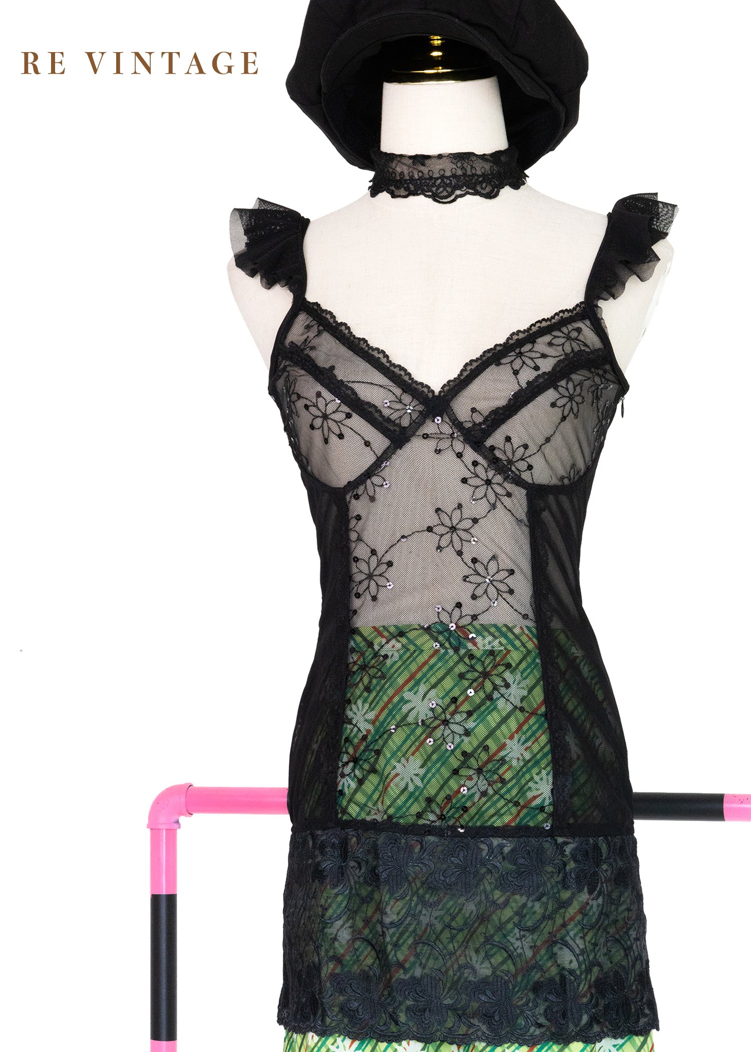 繁星花朵閃亮起舞黑蕾絲背心