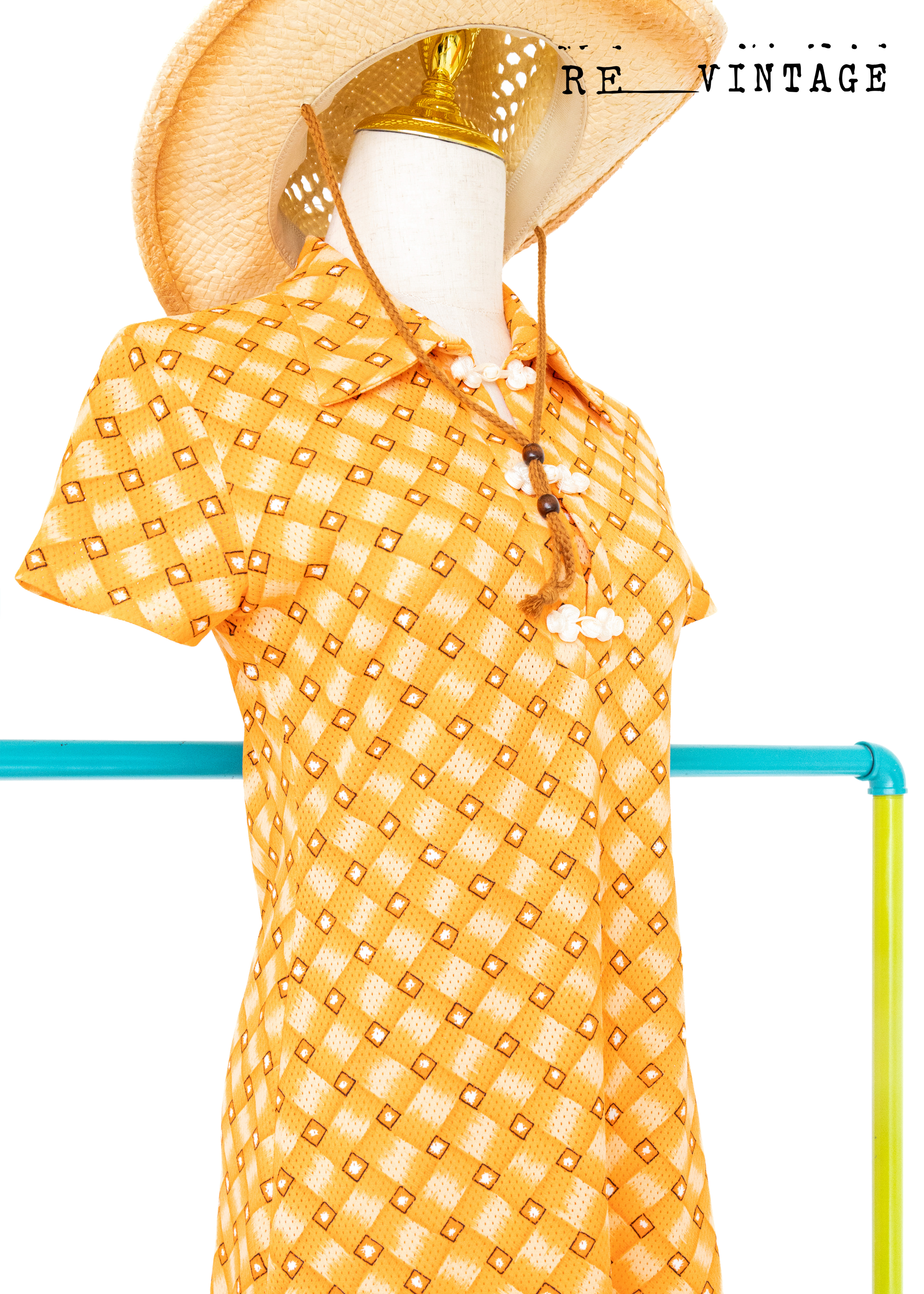 螢光橘色小菱格迷你洋裝