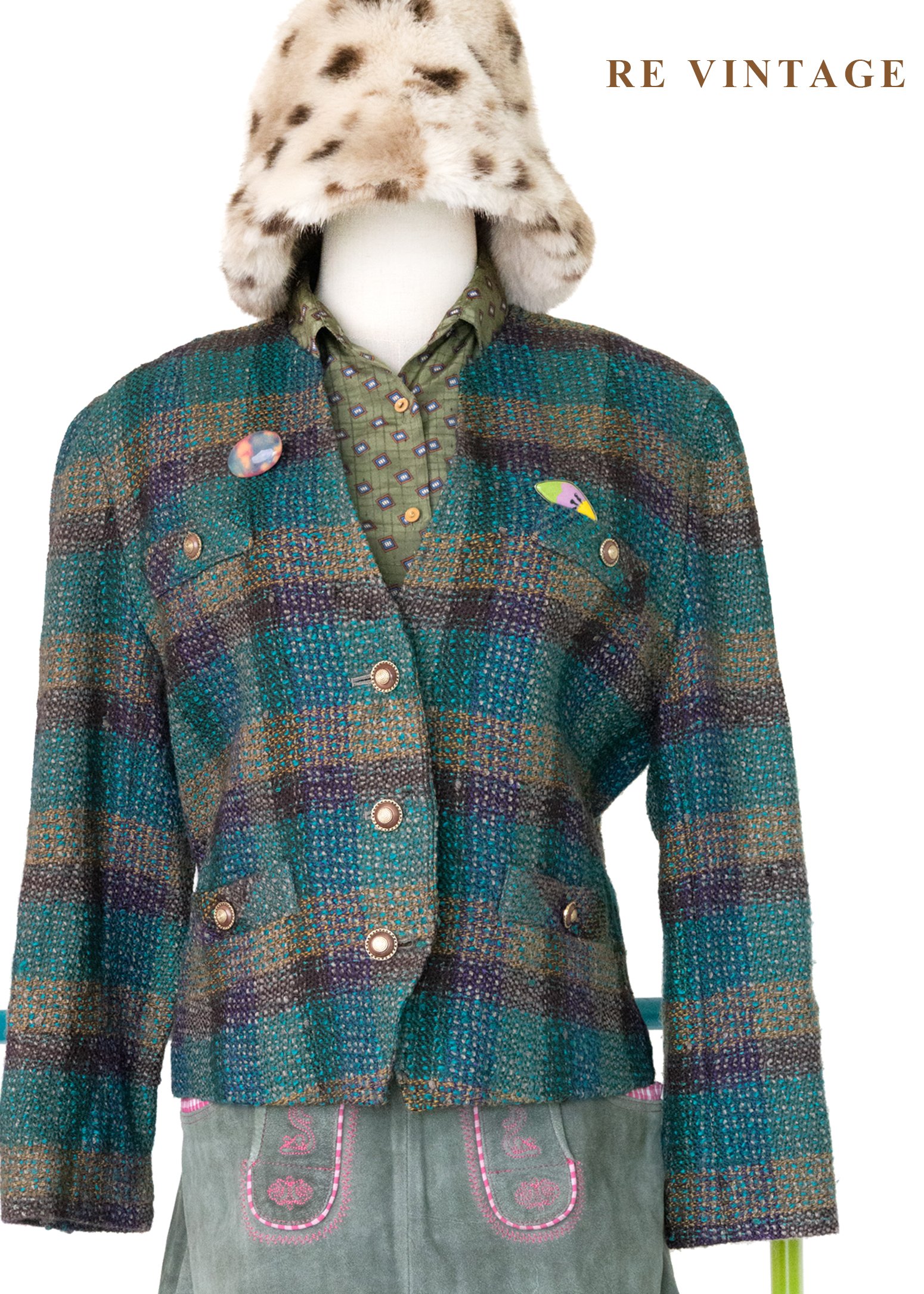 孔雀綠粗花毛呢格紋西裝外套