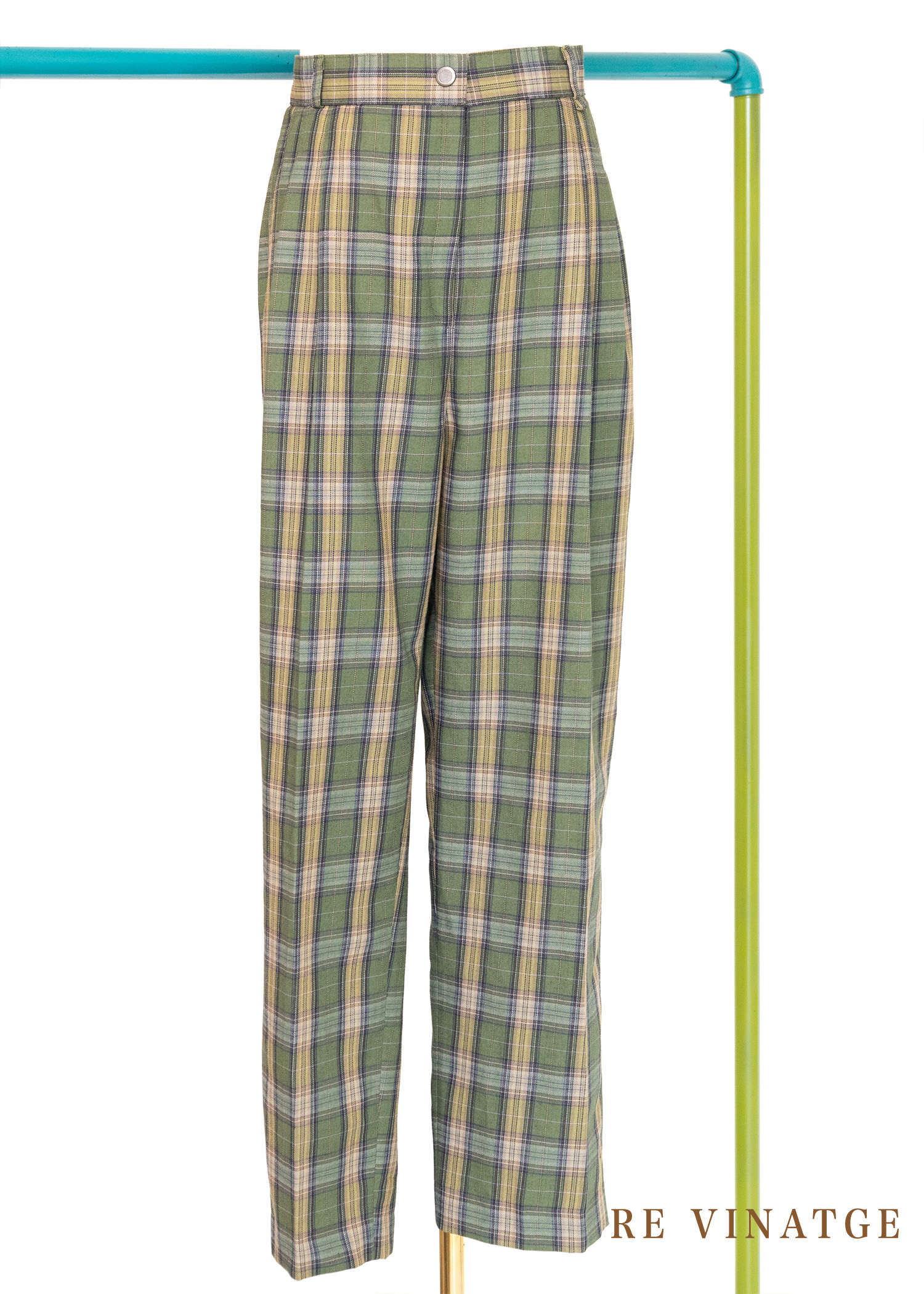 韓國製 - （大尺碼）森林綠高腰格紋西裝褲