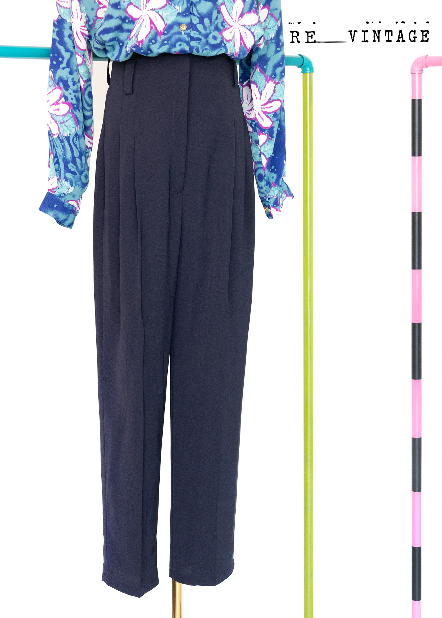 深藍色高腰西裝褲