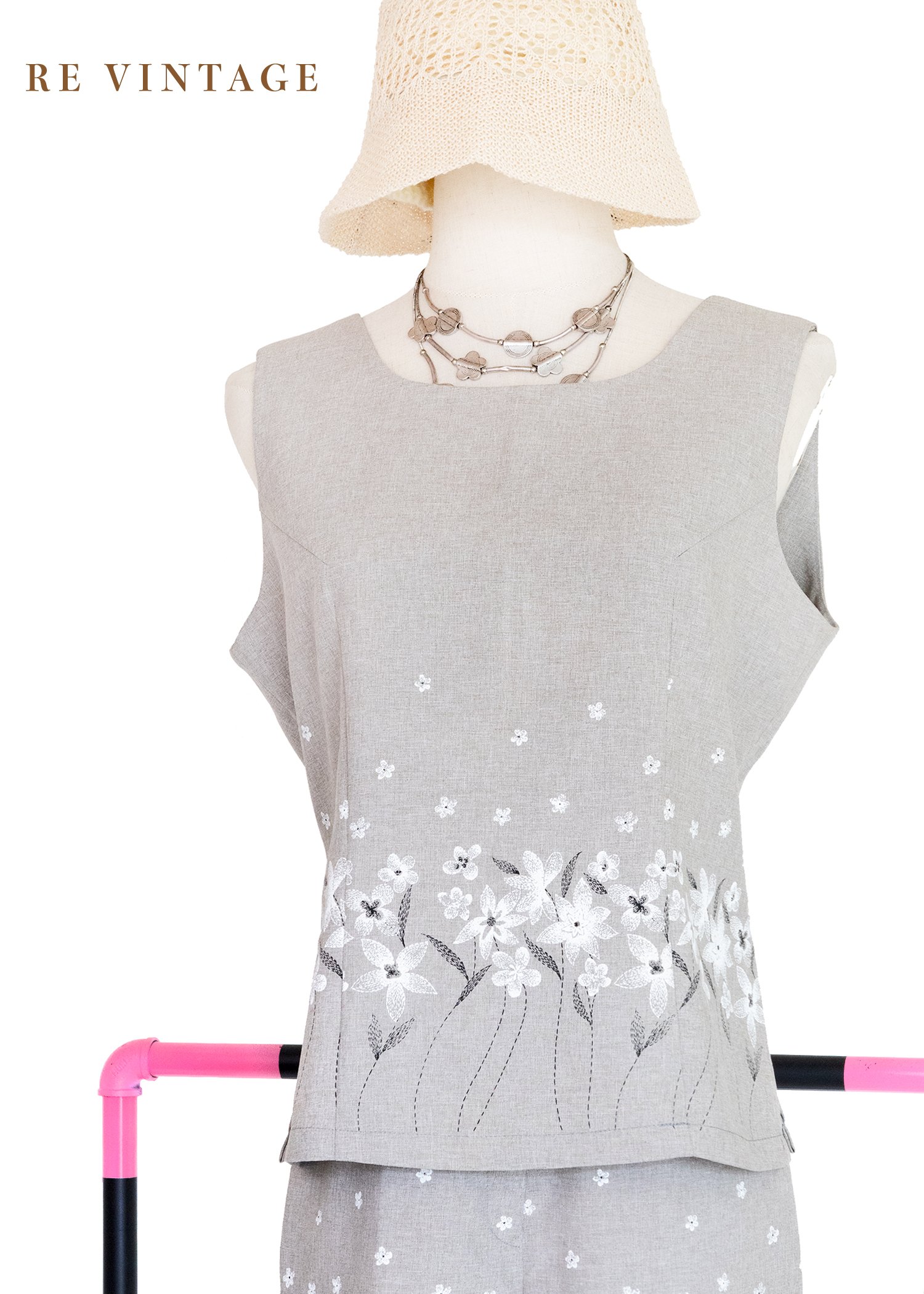 套裝背心 - 日系花卉霧灰小花背心
