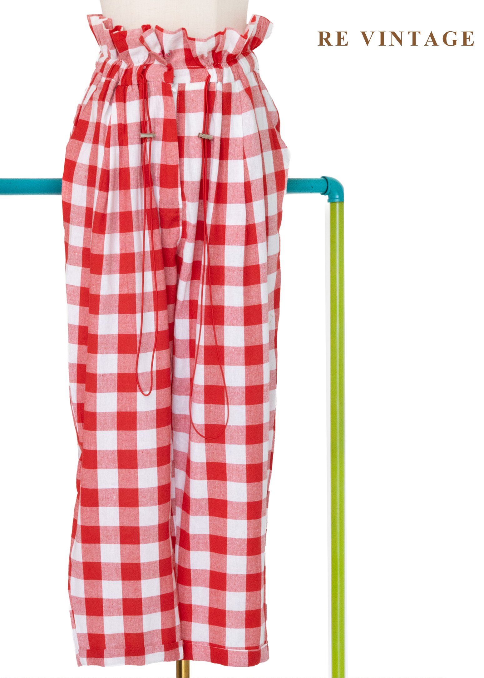 鬆軟紅格子荷葉飄飄高腰長褲（24-32"）