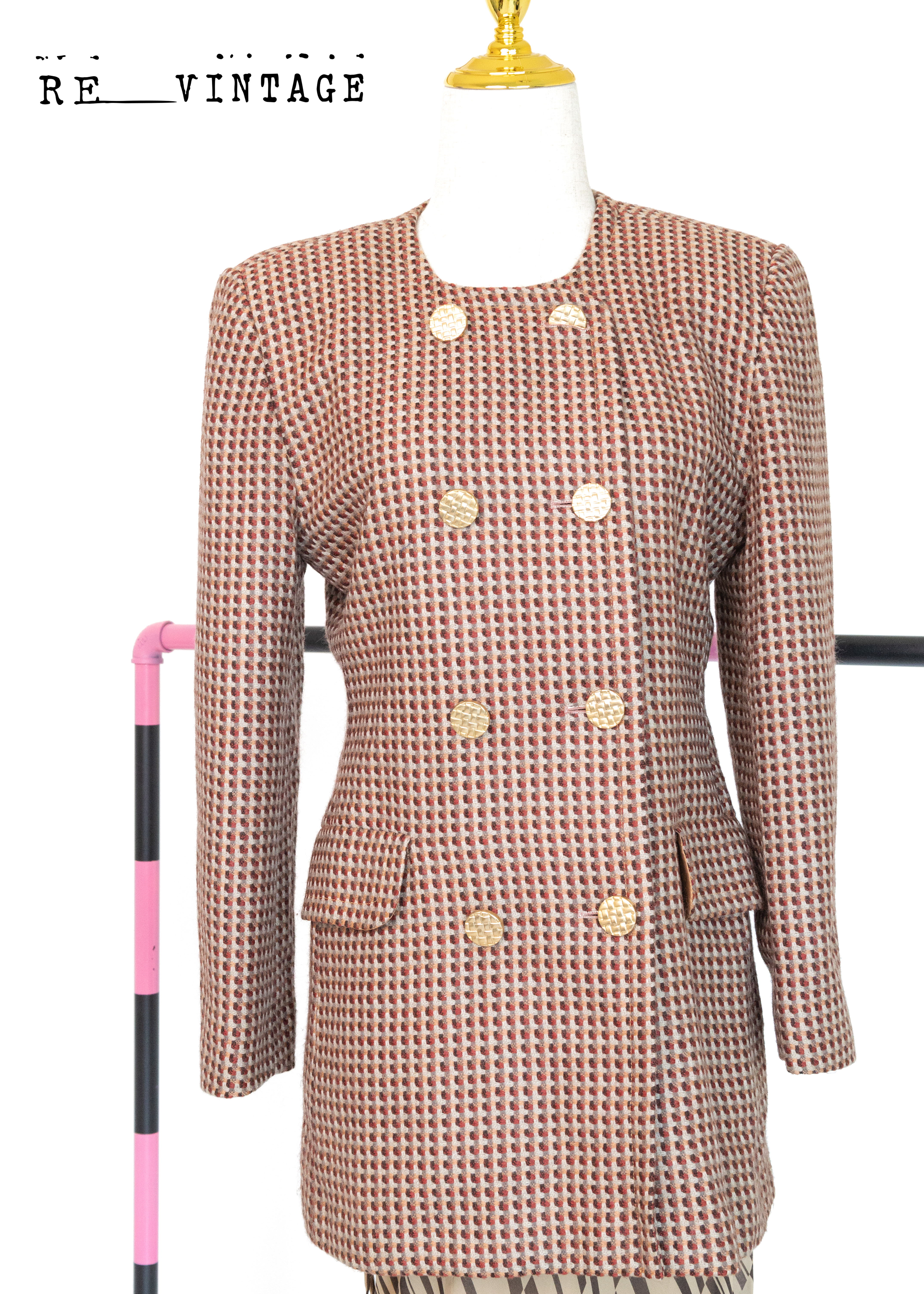 酒紅藕色雙排釦愛心格紋西裝外套