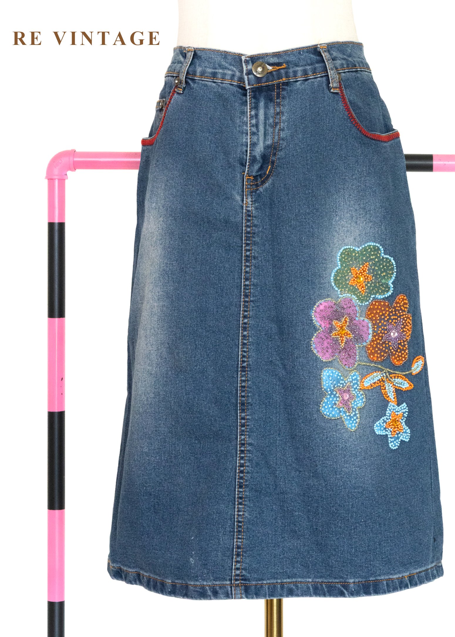 俏皮花朵珠飾牛仔短裙（27"）