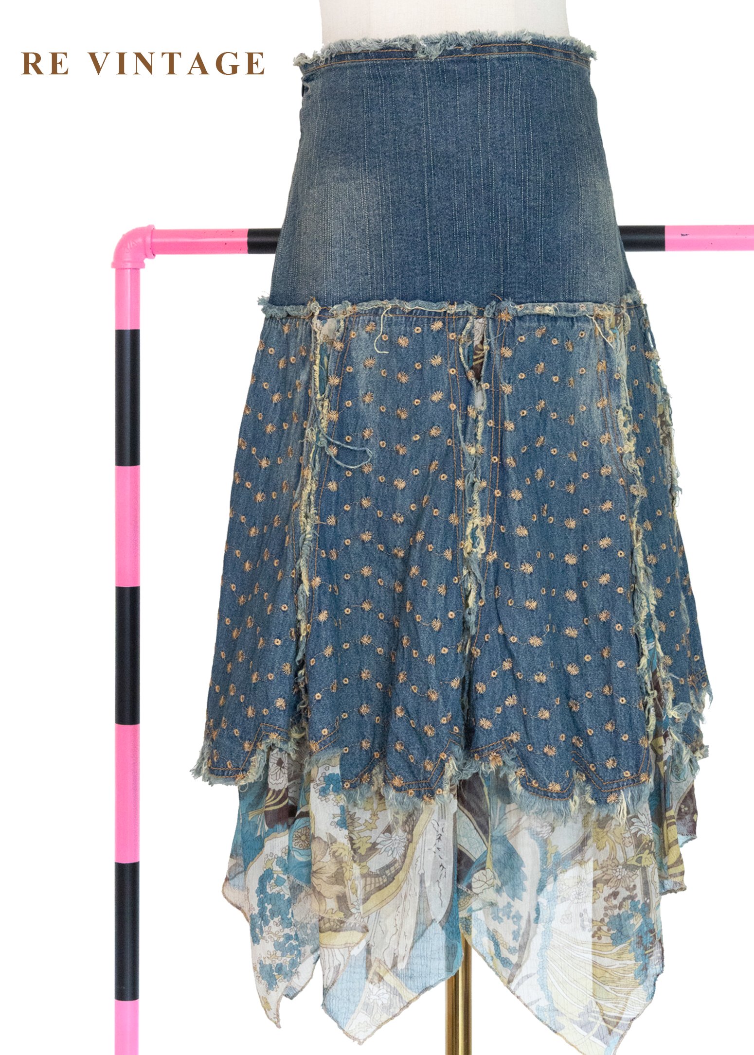 叛逆愛麗絲 - 洗舊小花拼貼丹寧美裙（29"）