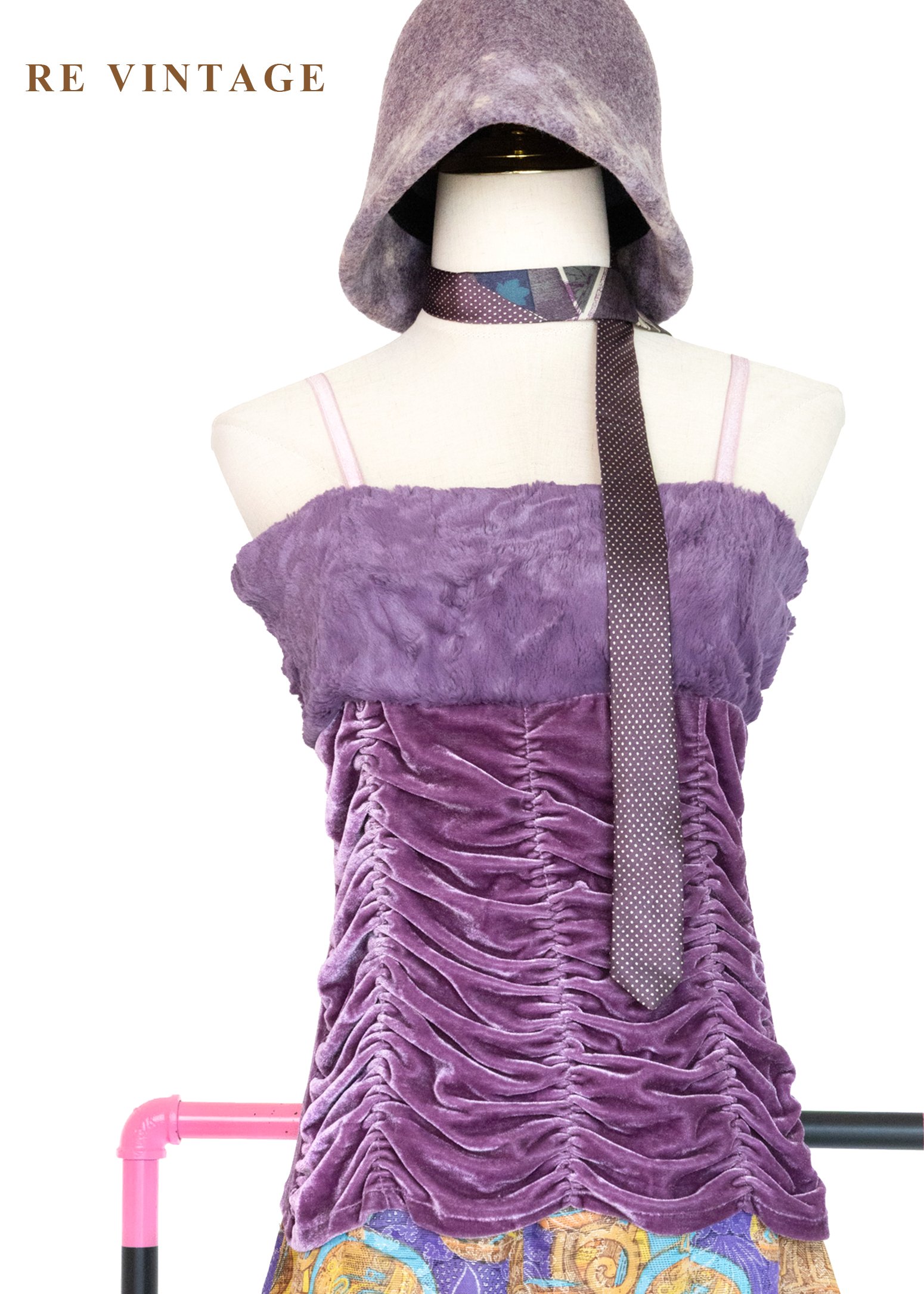 紫夜霓虹毛絨拉皺細肩帶背心