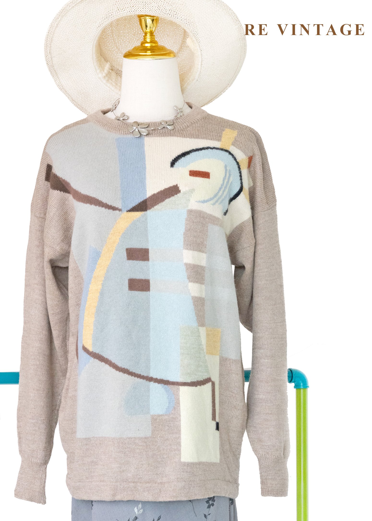 莫蘭迪抽象拼接圖騰針織毛衣