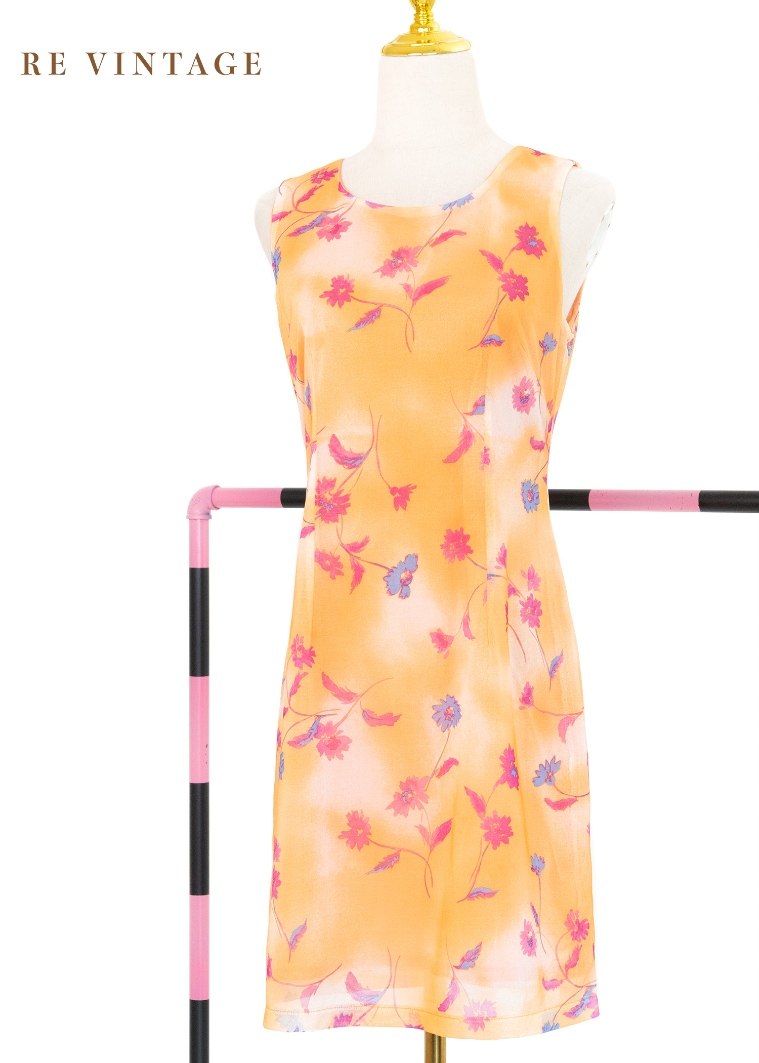 粉橘色の桃紅小花夏日洋裝
