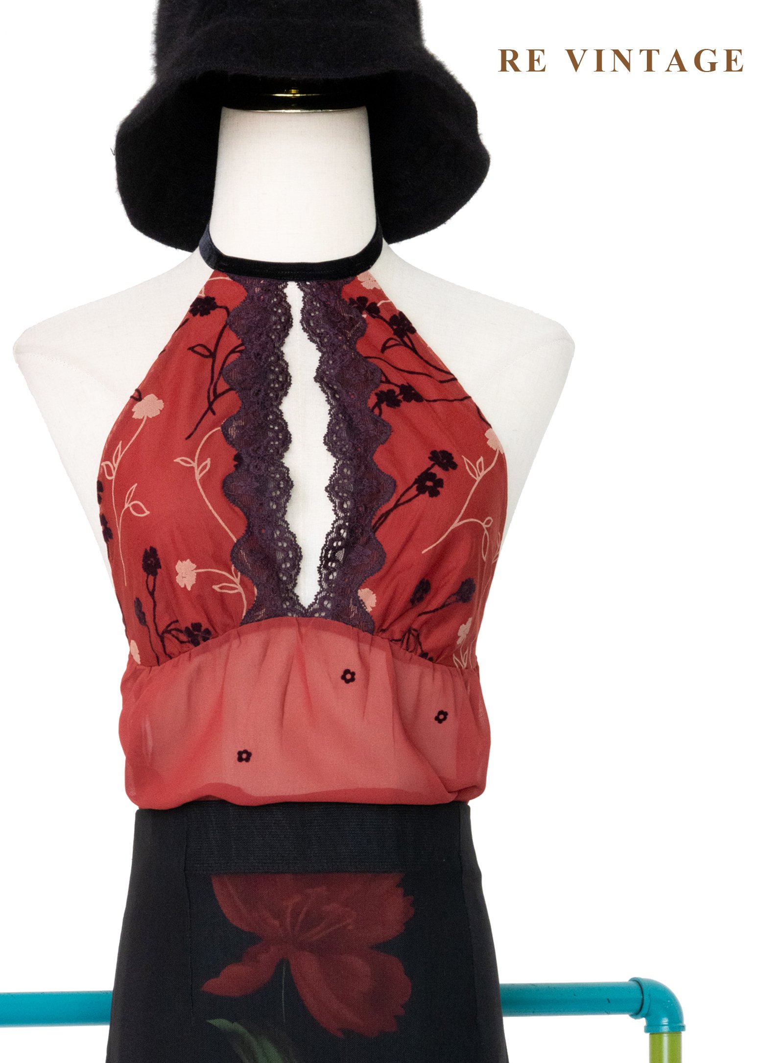 一抹紅露背小花背心/洋裝