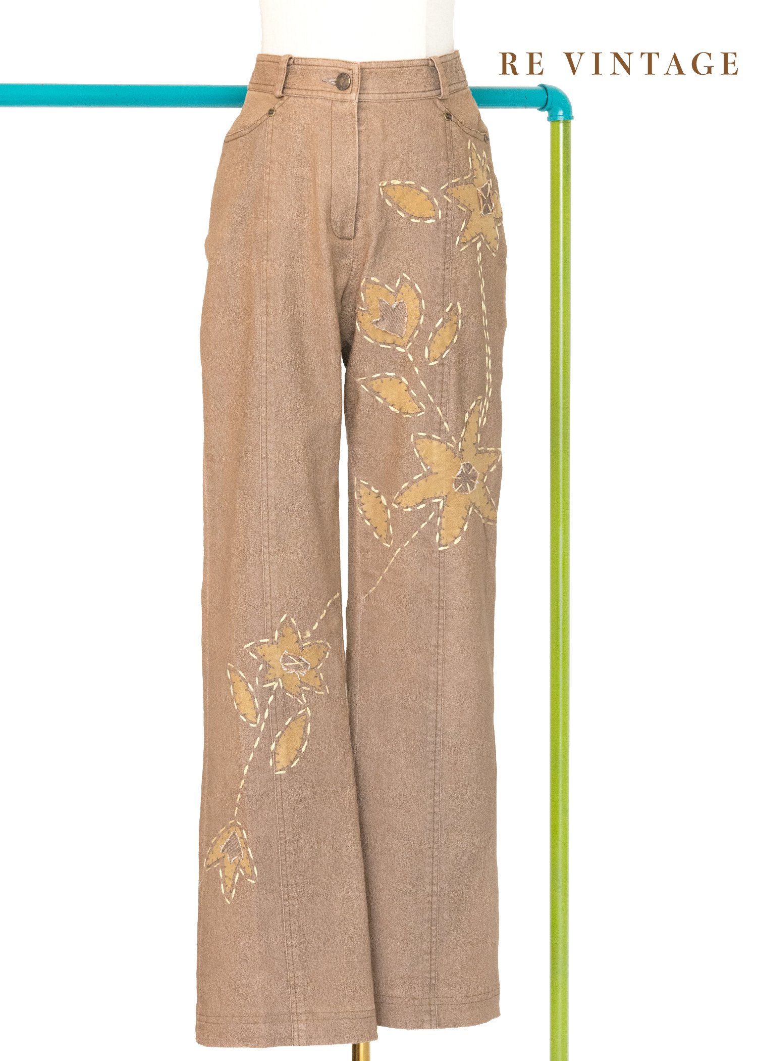 卡其棕拼接手縫小花中高腰褲褲（26"）