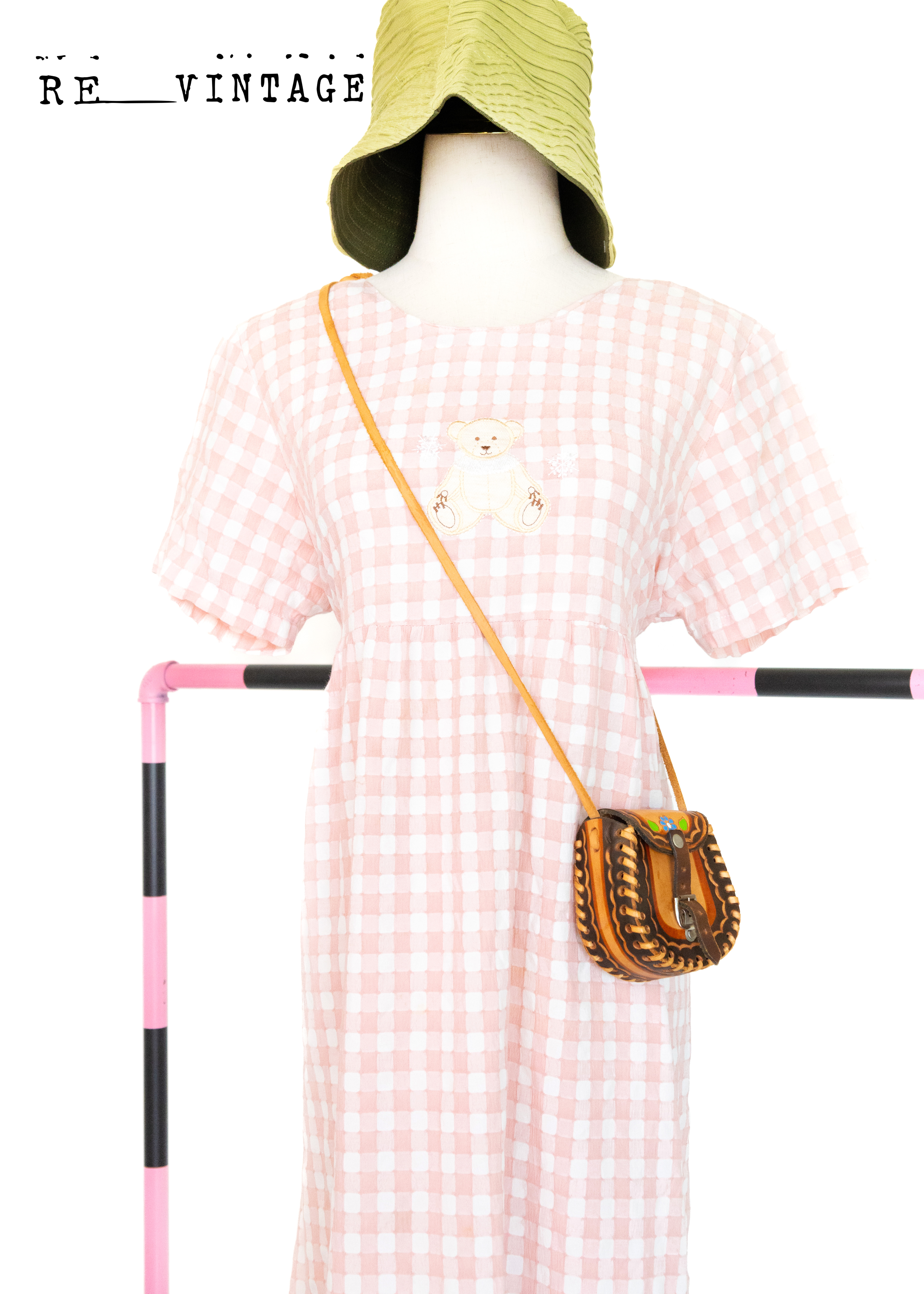 粉紅小熊格紋長洋裝