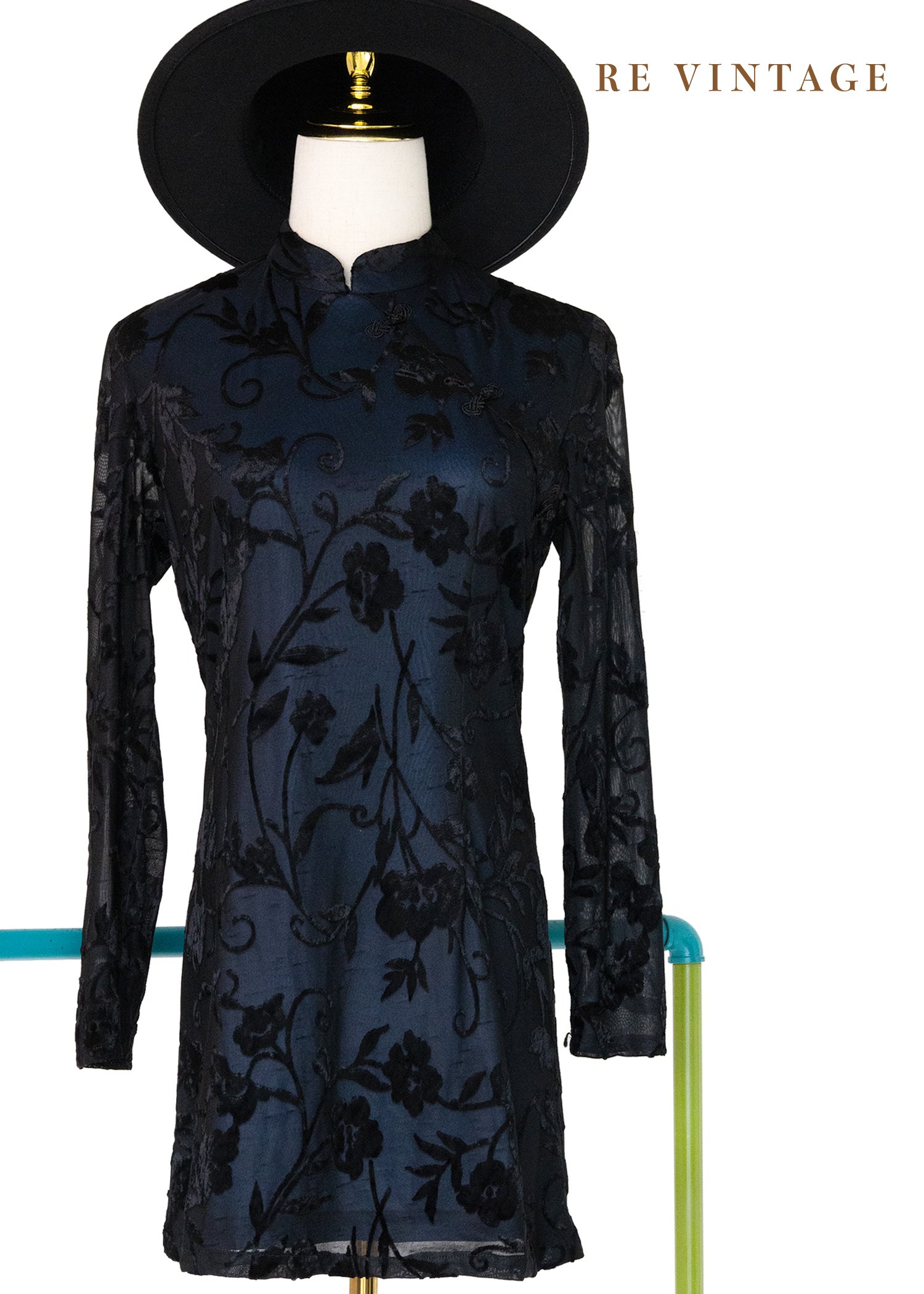 藍色黑花夢語旗袍領迷你洋裝