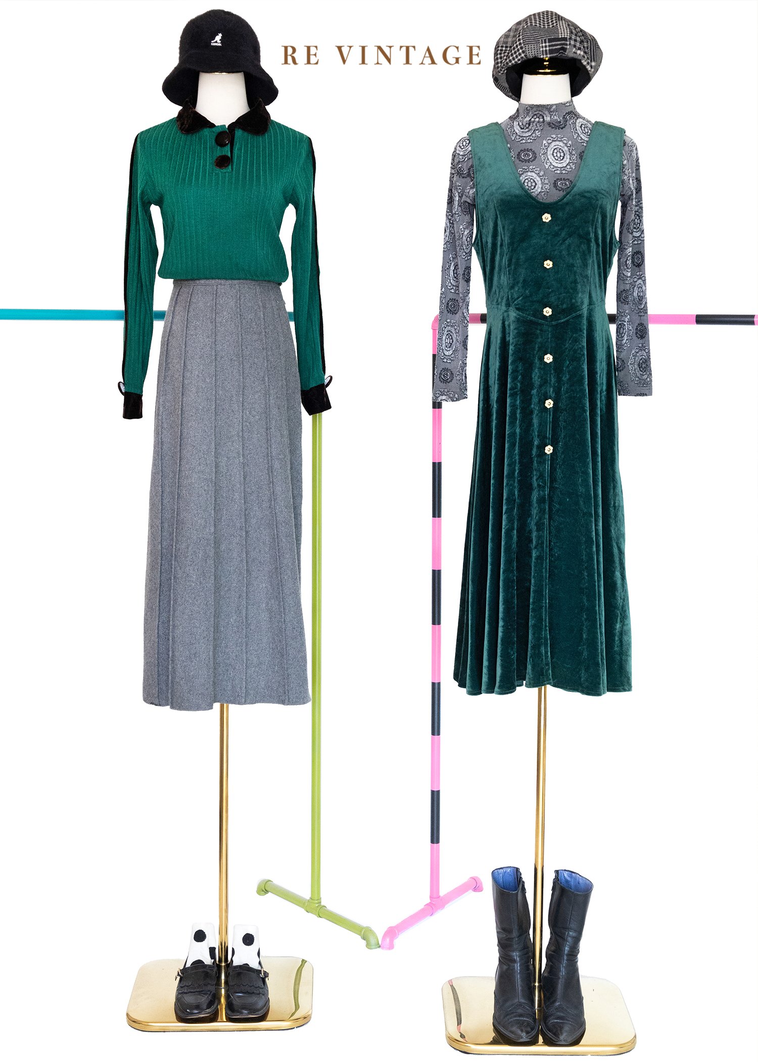 Peacock Green 小花釦絨布長洋裝