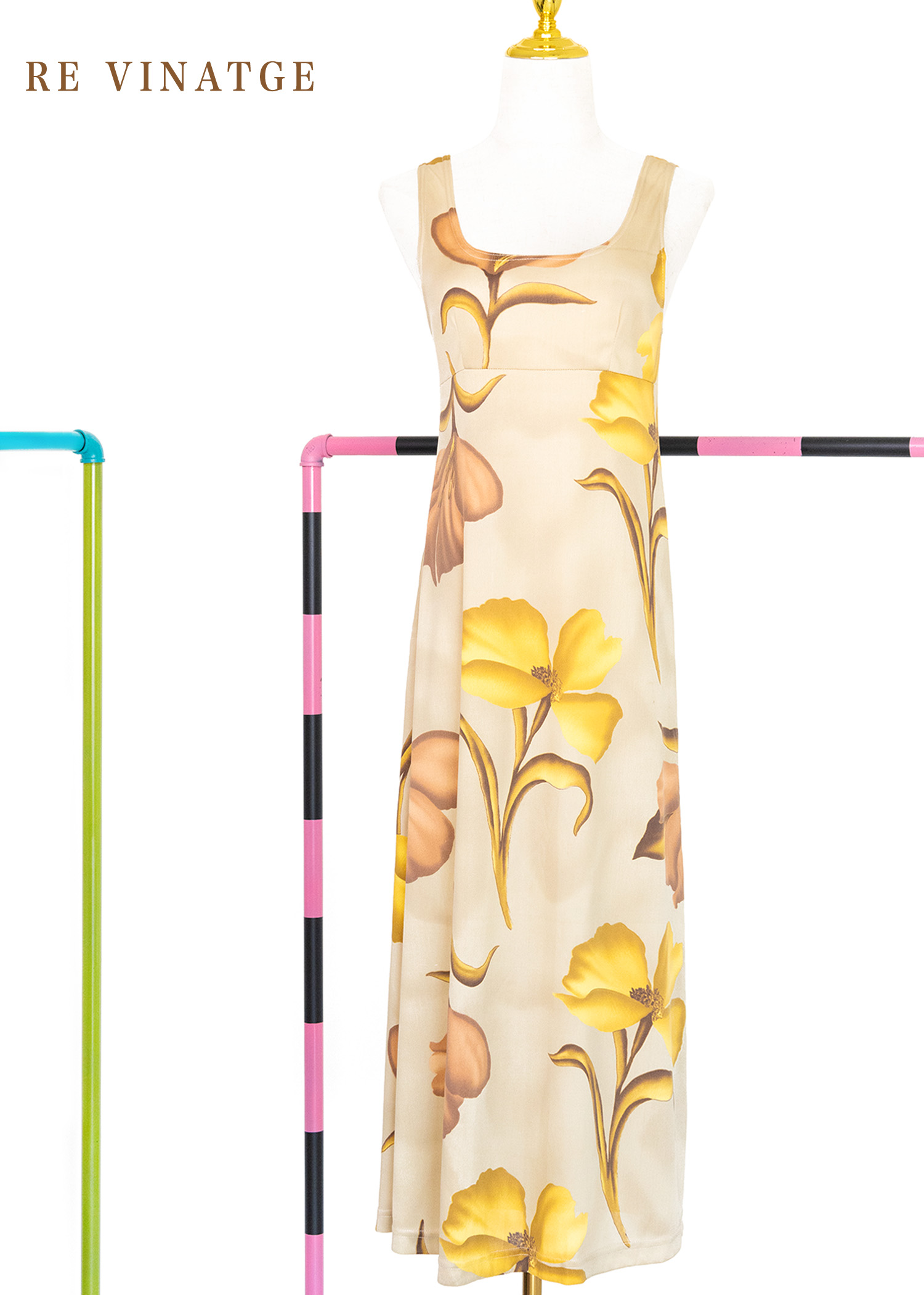 Made in USA - 奶茶色大黃花彈性洋裝