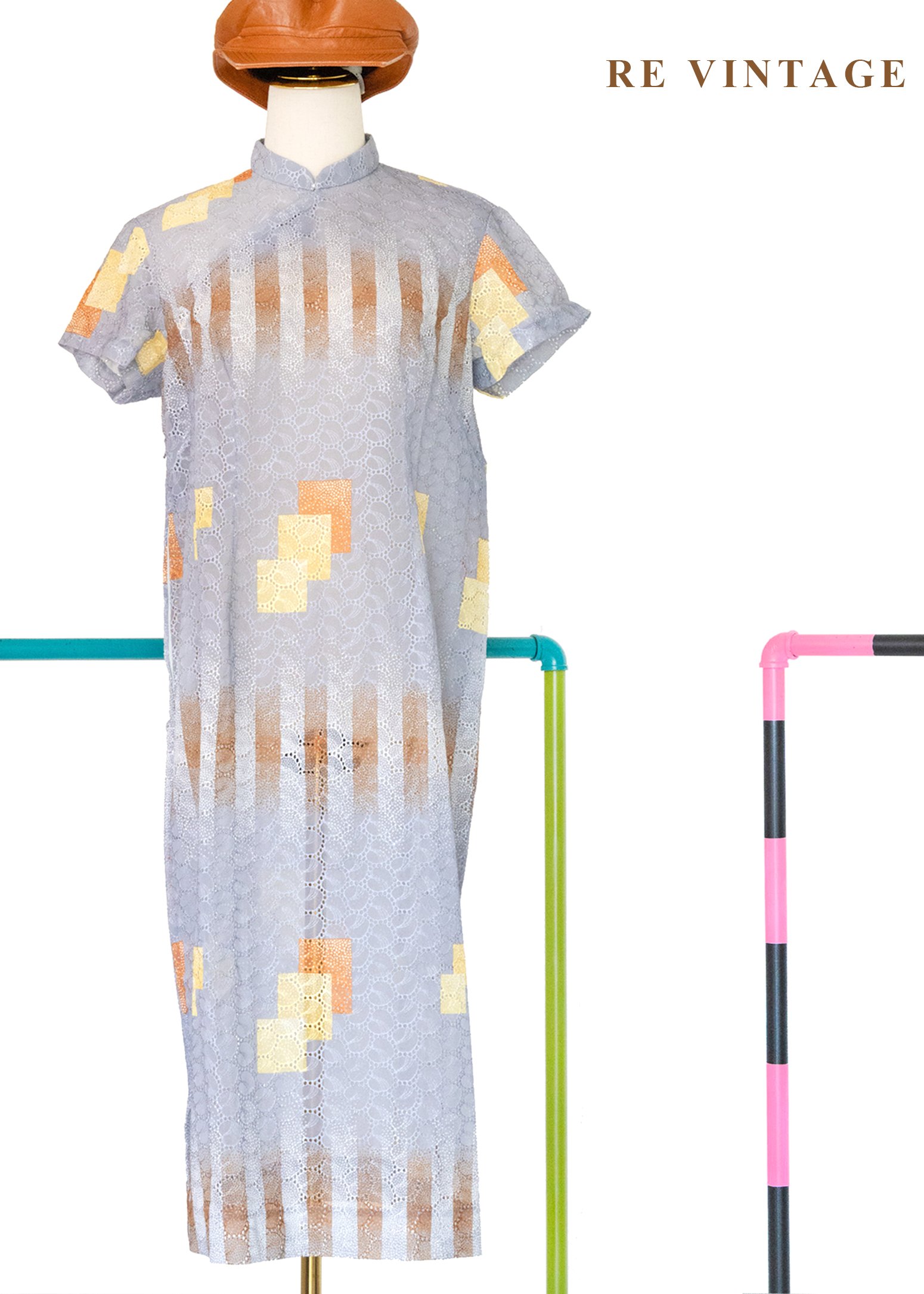 幾何迷蹤 - 藍灰色蕾絲旗袍洋裝