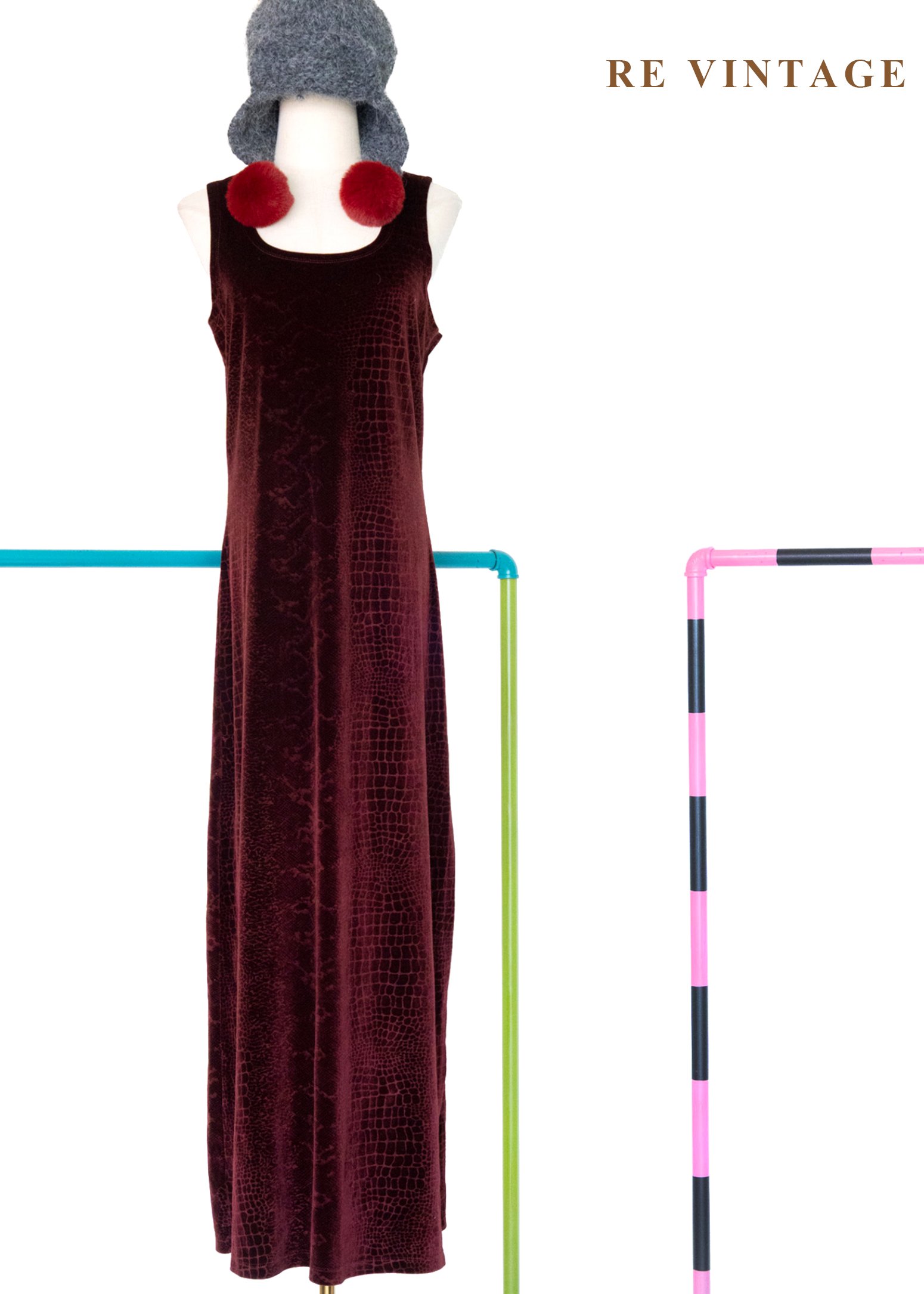 赤紅荒野鱷魚紋絨布長洋裝