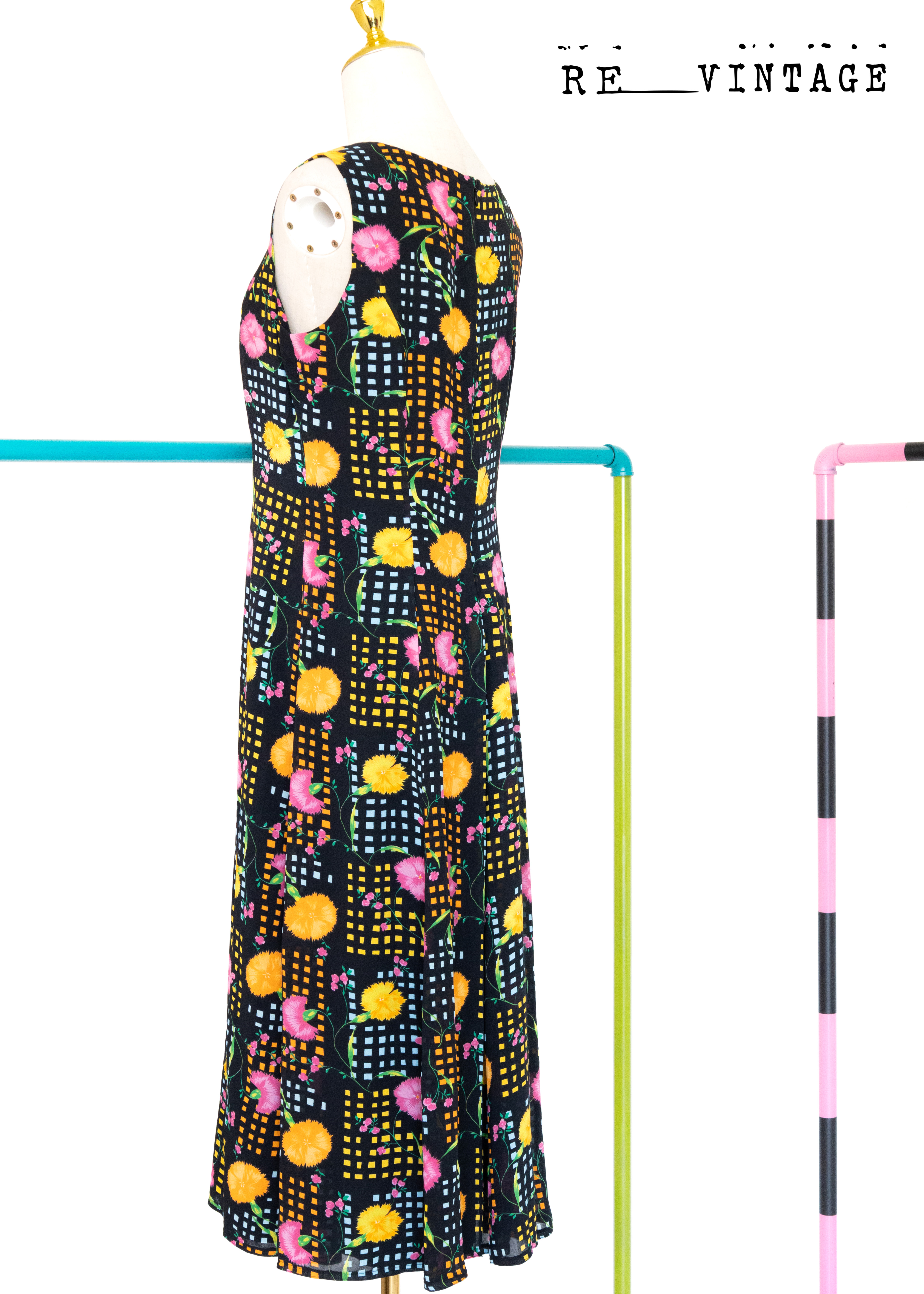 雙色康乃馨格紋長洋裝