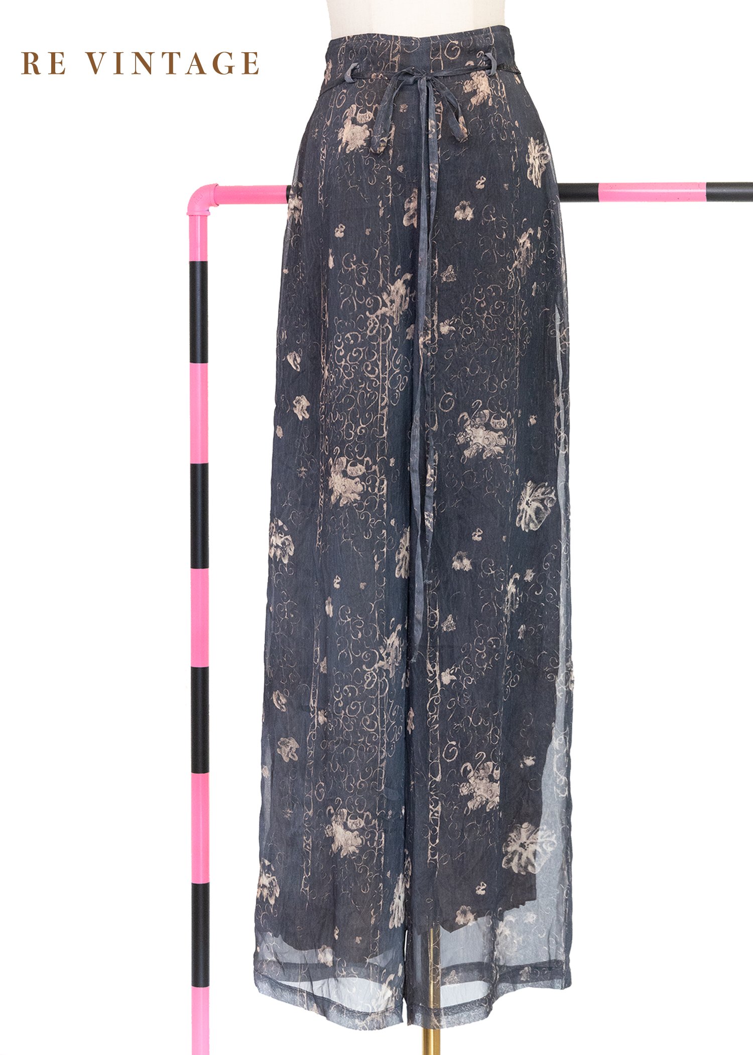 墨夜花煙灰藍色雪紡高腰長褲（25"）