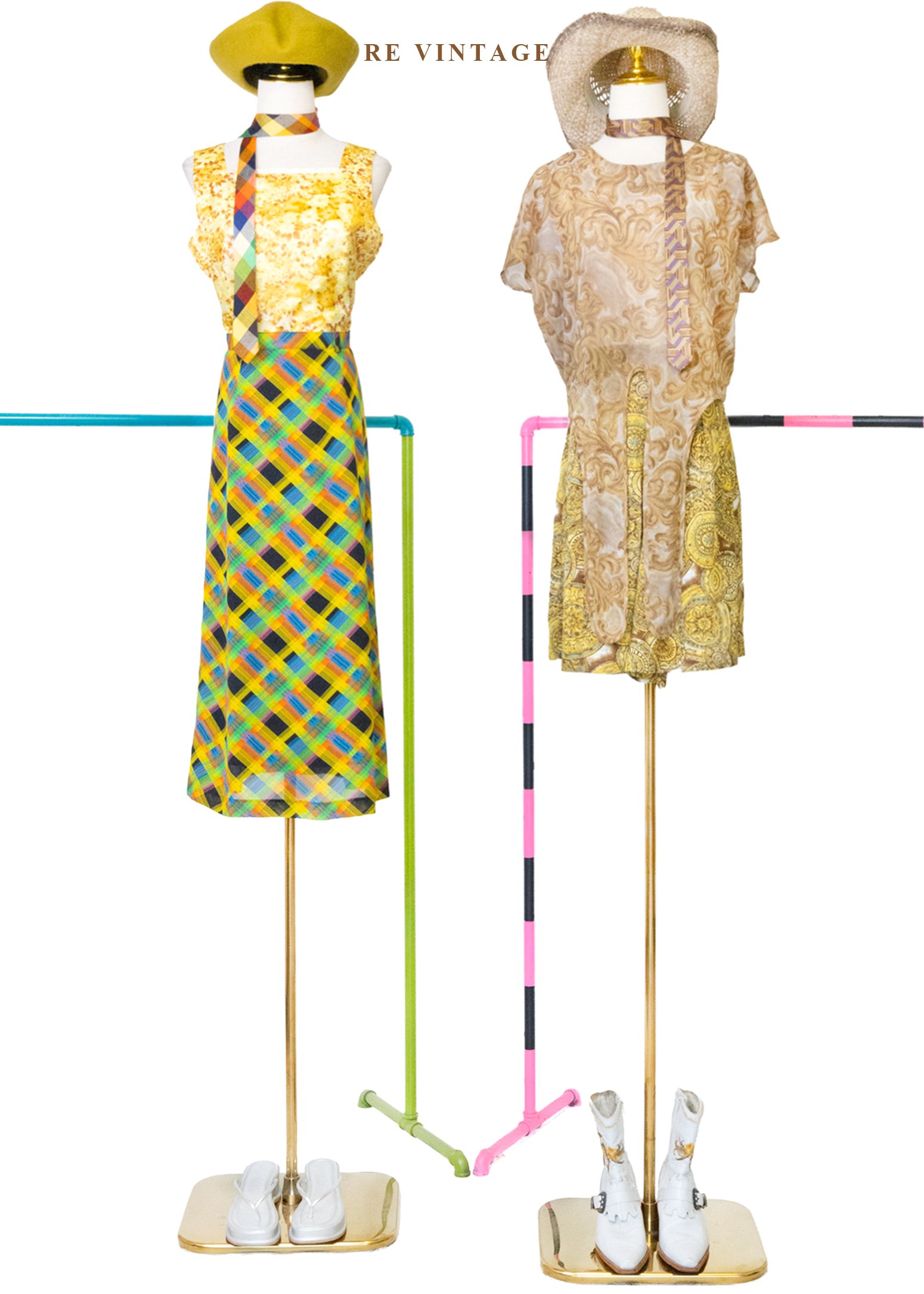明亮黃綠黑三色交錯斜紋格紋高腰長裙（26"）