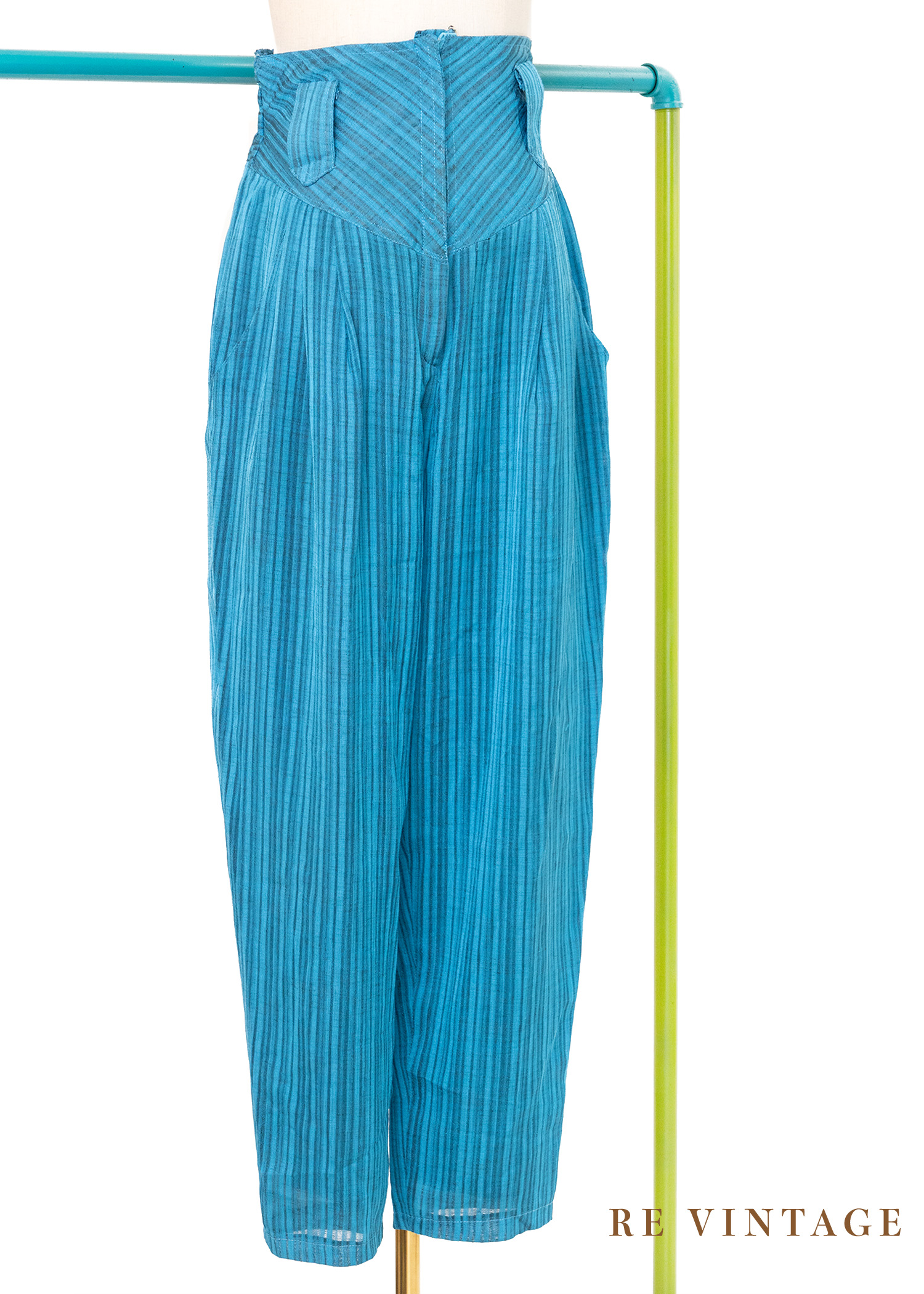 Bohemian 湖水藍線條高腰小腳褲（25"-27")