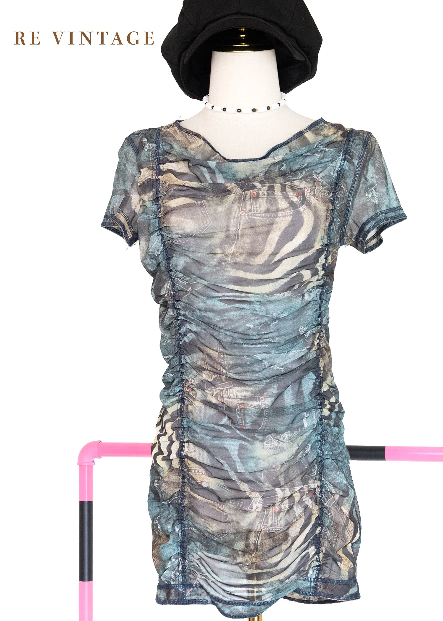 牛仔斑馬紋迷霧網紗迷你洋裝/長版上衣