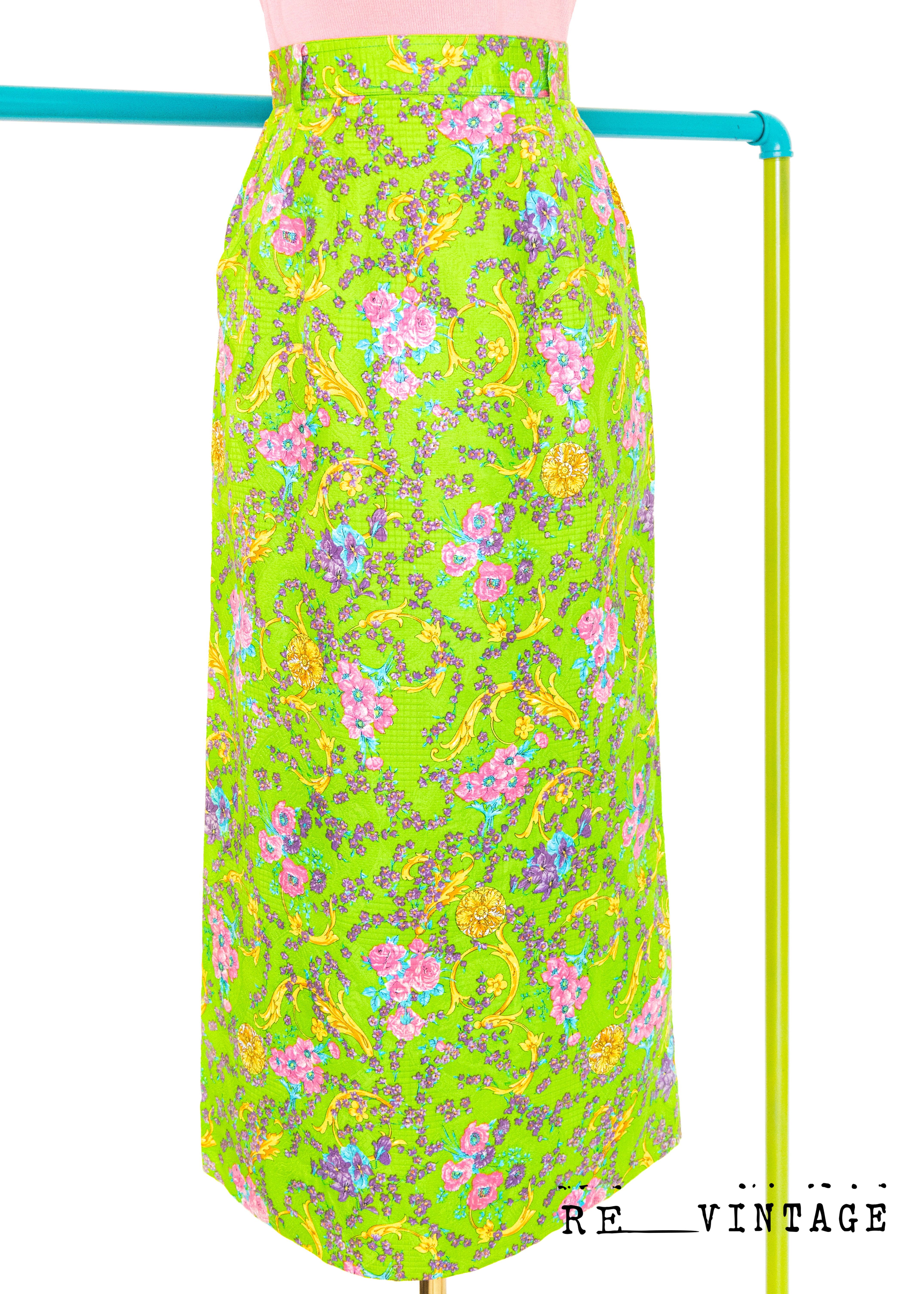 義大利製 - 螢光綠粉紅小花古典美裙（24.5"）