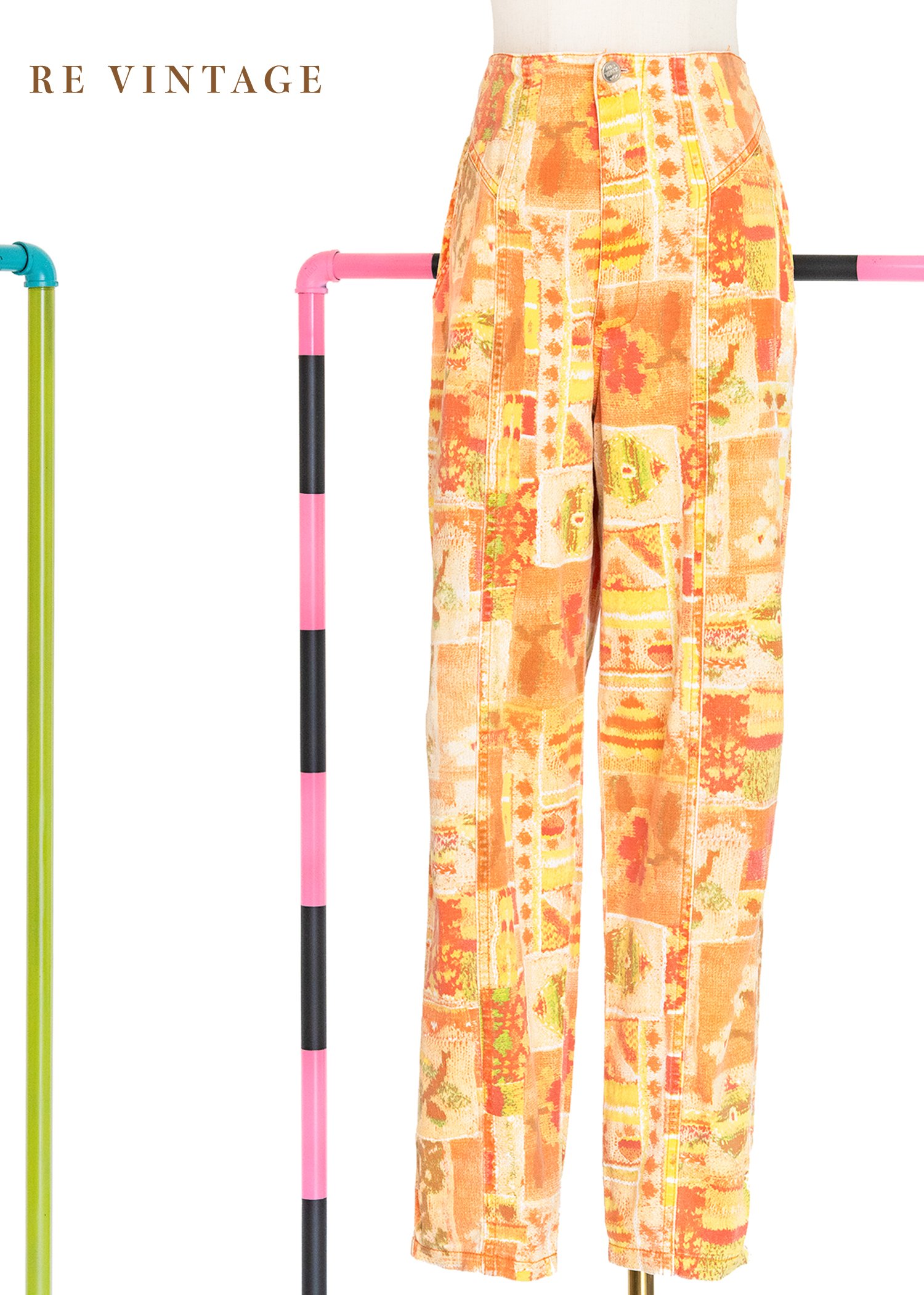 太陽橘花臂拼圖高腰小腳褲（27"）