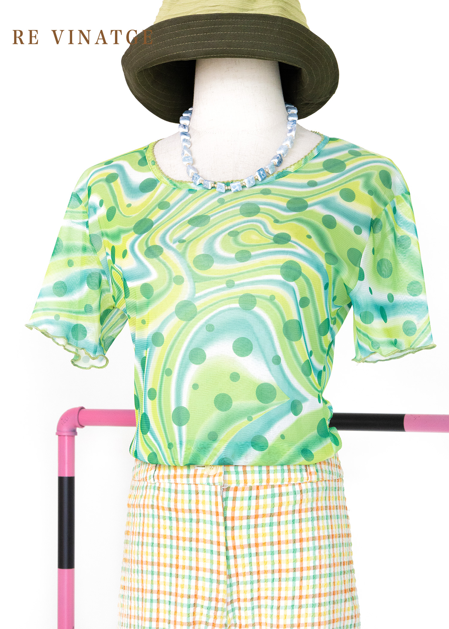 『歐洲寶物- 希臘製』青蘋果綠流線點點透膚網紗上衣