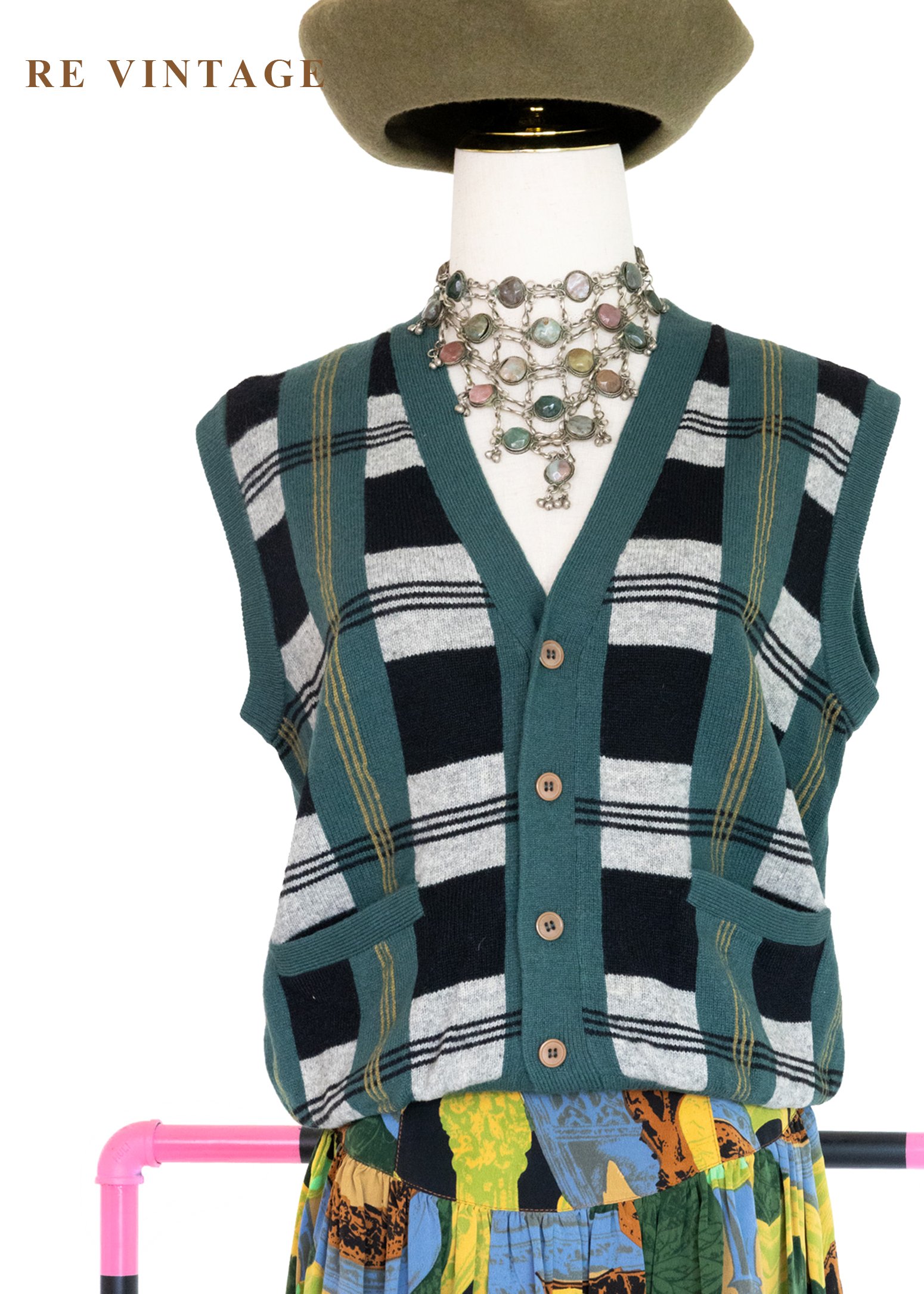 松針綠黑白格紋毛料針織背心