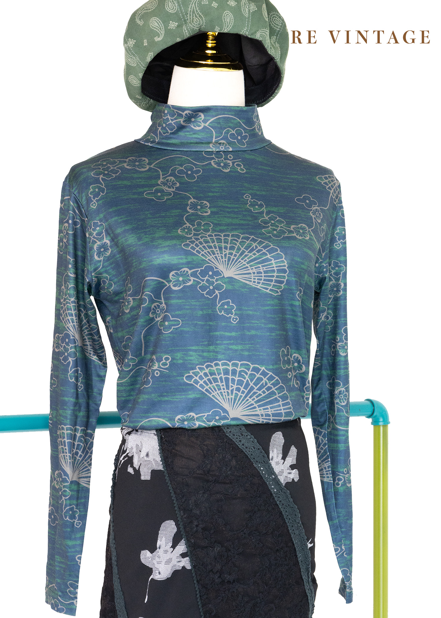 中國風小花藍綠色彈性高領上衣