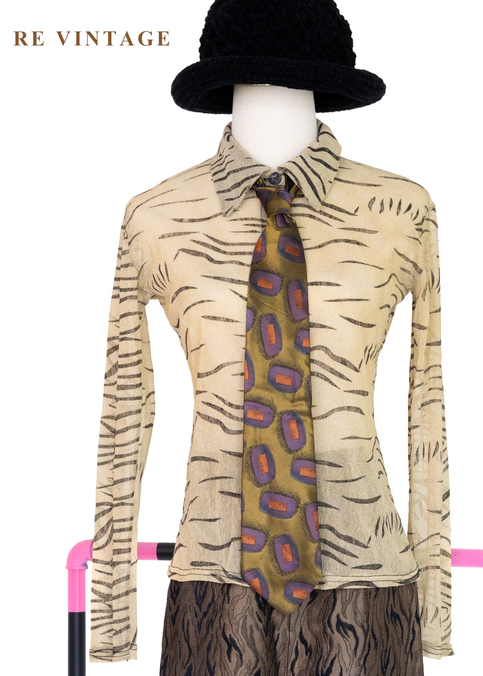 筆觸斑馬紋淡金黃網紗上衣