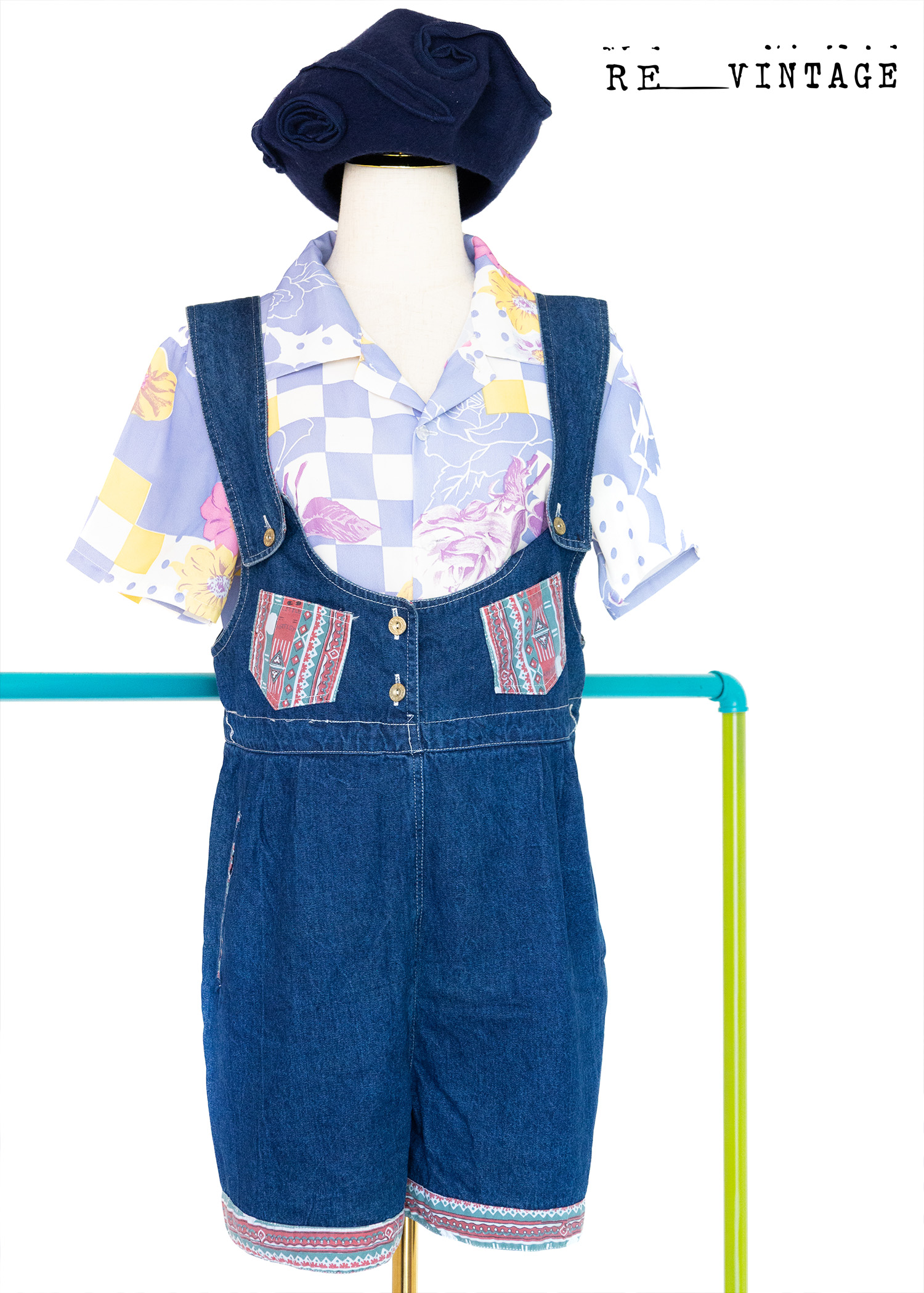 嬉皮圖騰寬版牛仔吊帶短褲