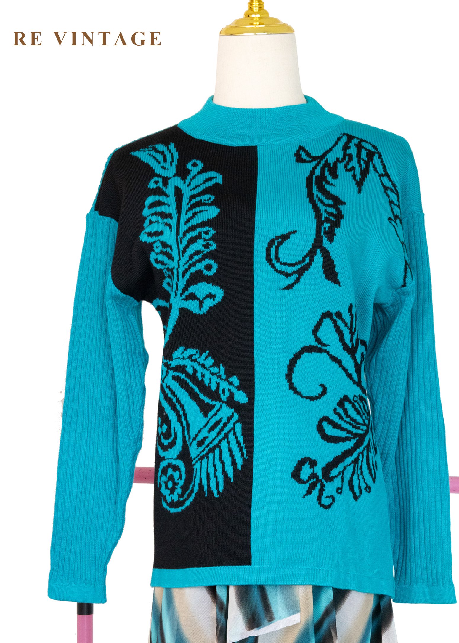 藍綠色正負圖騰反轉針織毛衣