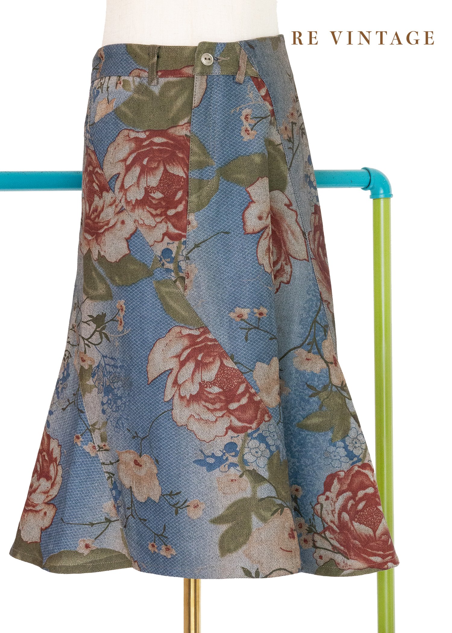 復古牡丹綠葉牛仔美裙（28"）