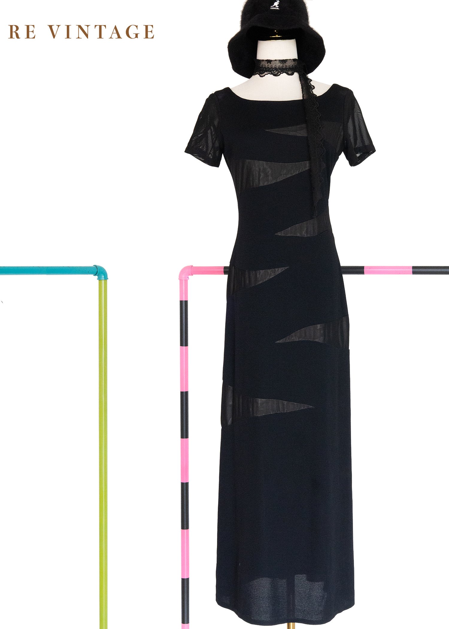 黑系幾何拼接貼身長洋裝