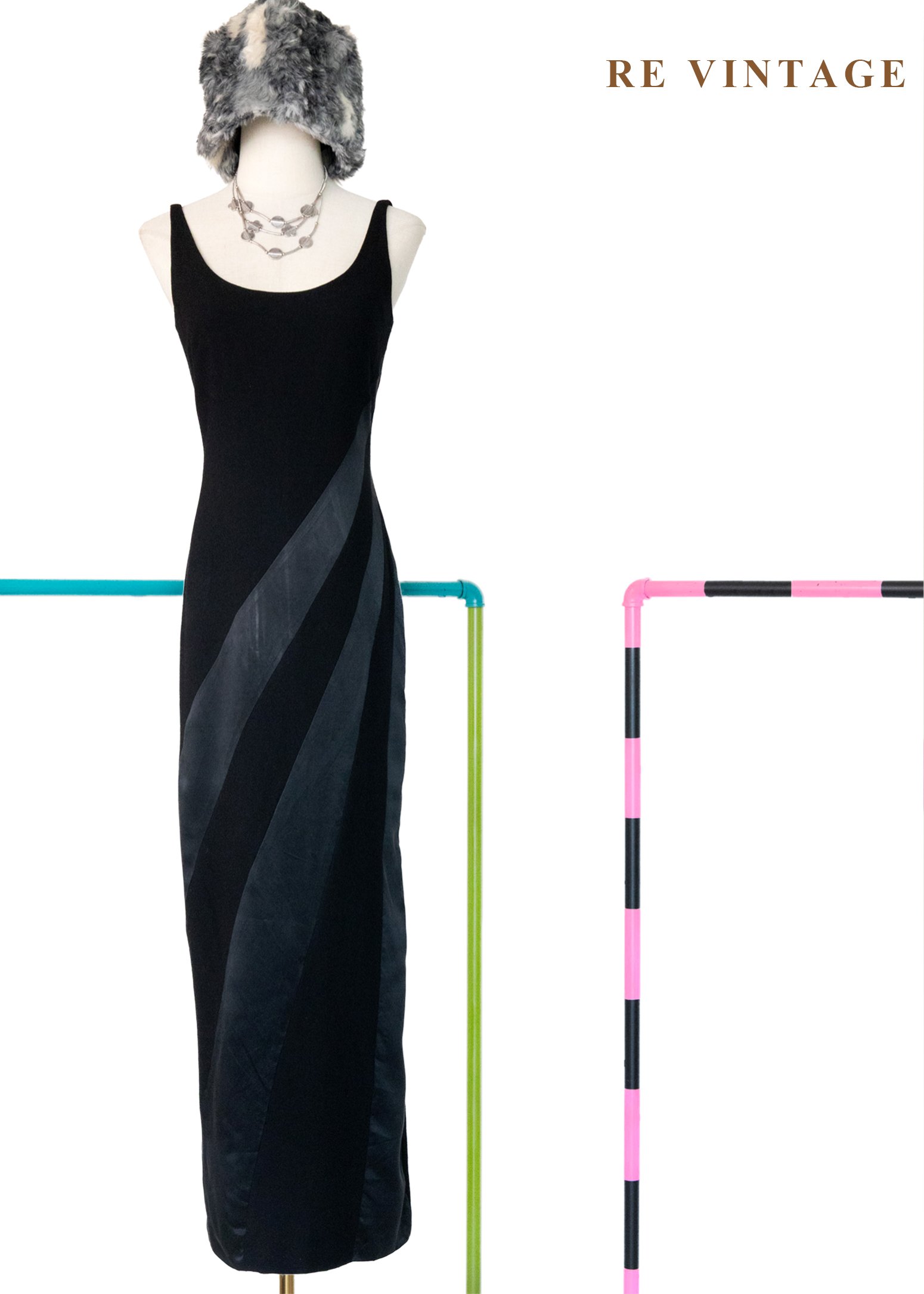 Minimalism 螺旋拼接線條美背細肩長洋裝