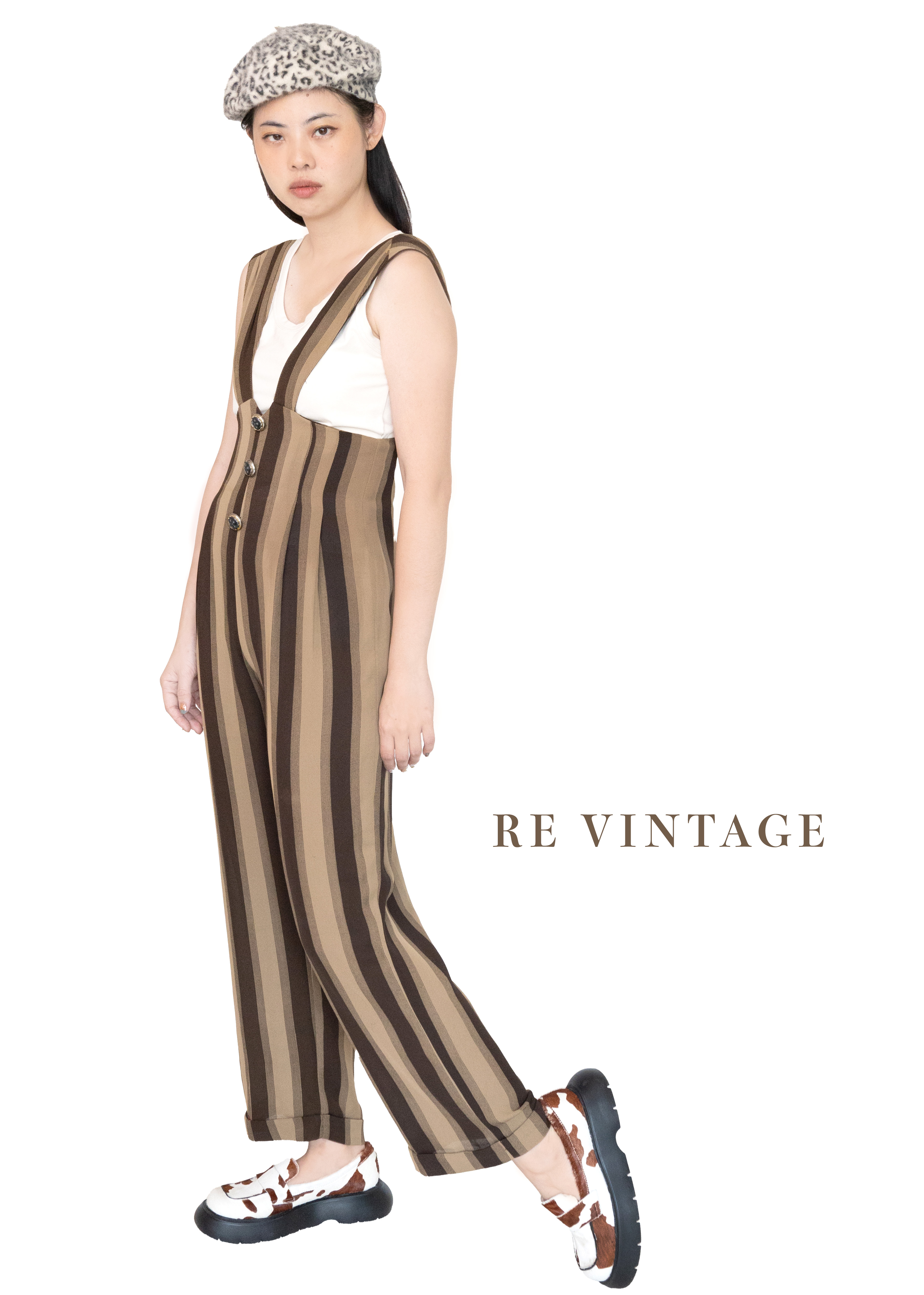 雙棕色線條連身褲