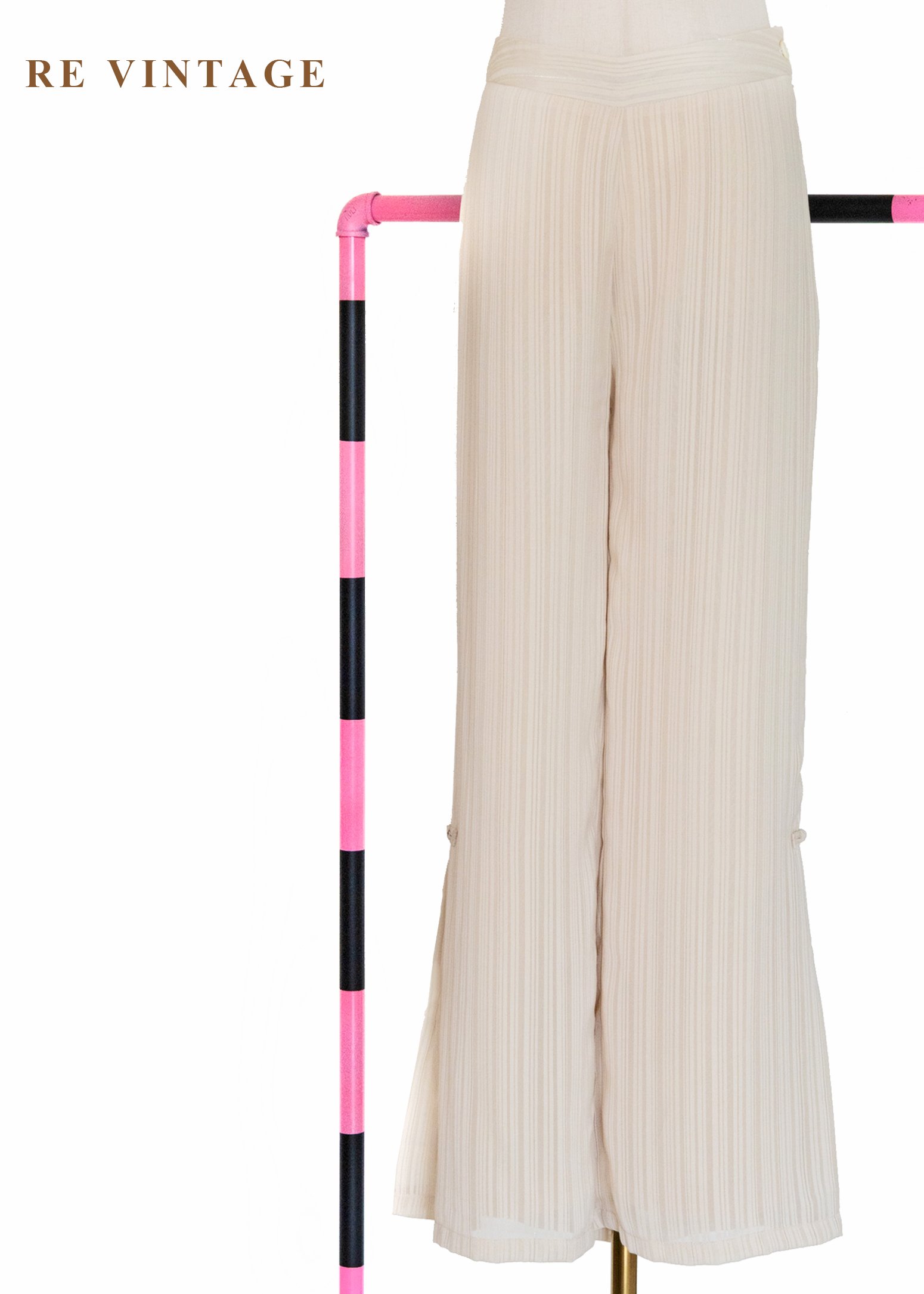 奶油白線條中國釦高腰直筒褲（27"）