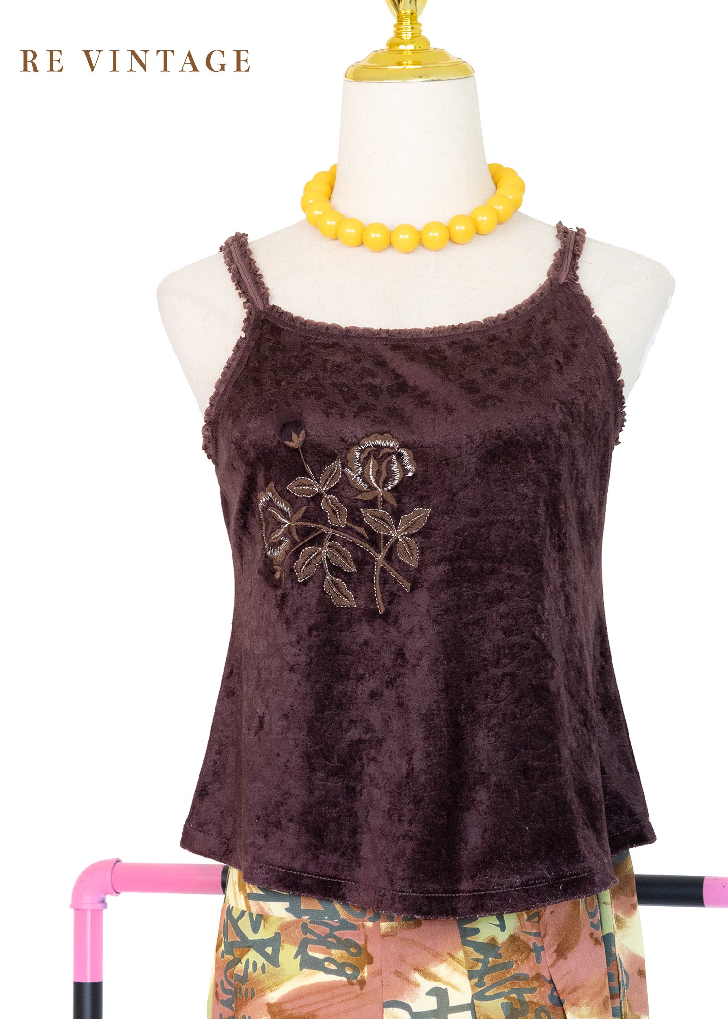 巧克力色精緻花影絨布小背心