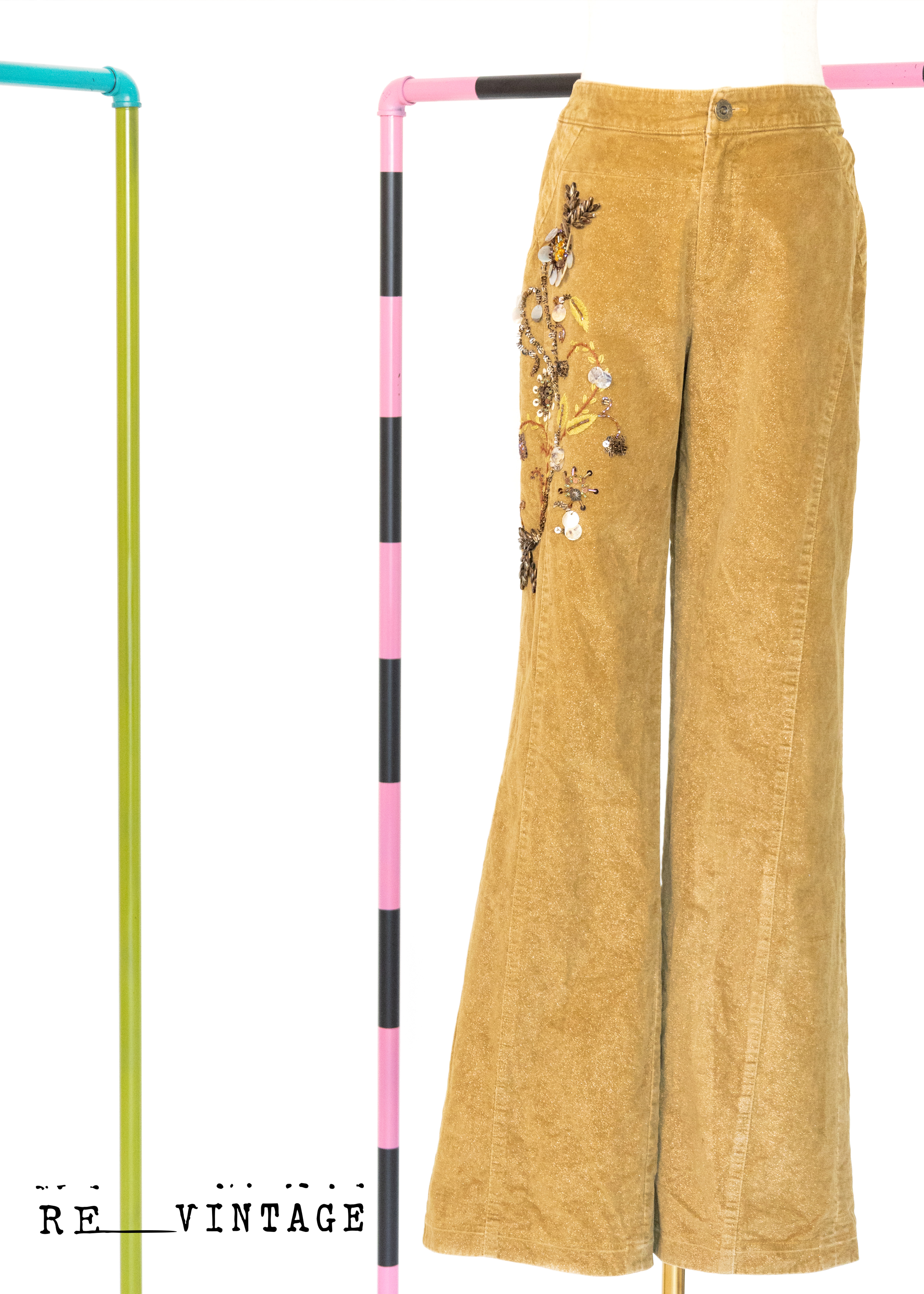 亮金金の小花刺繡寬版褲