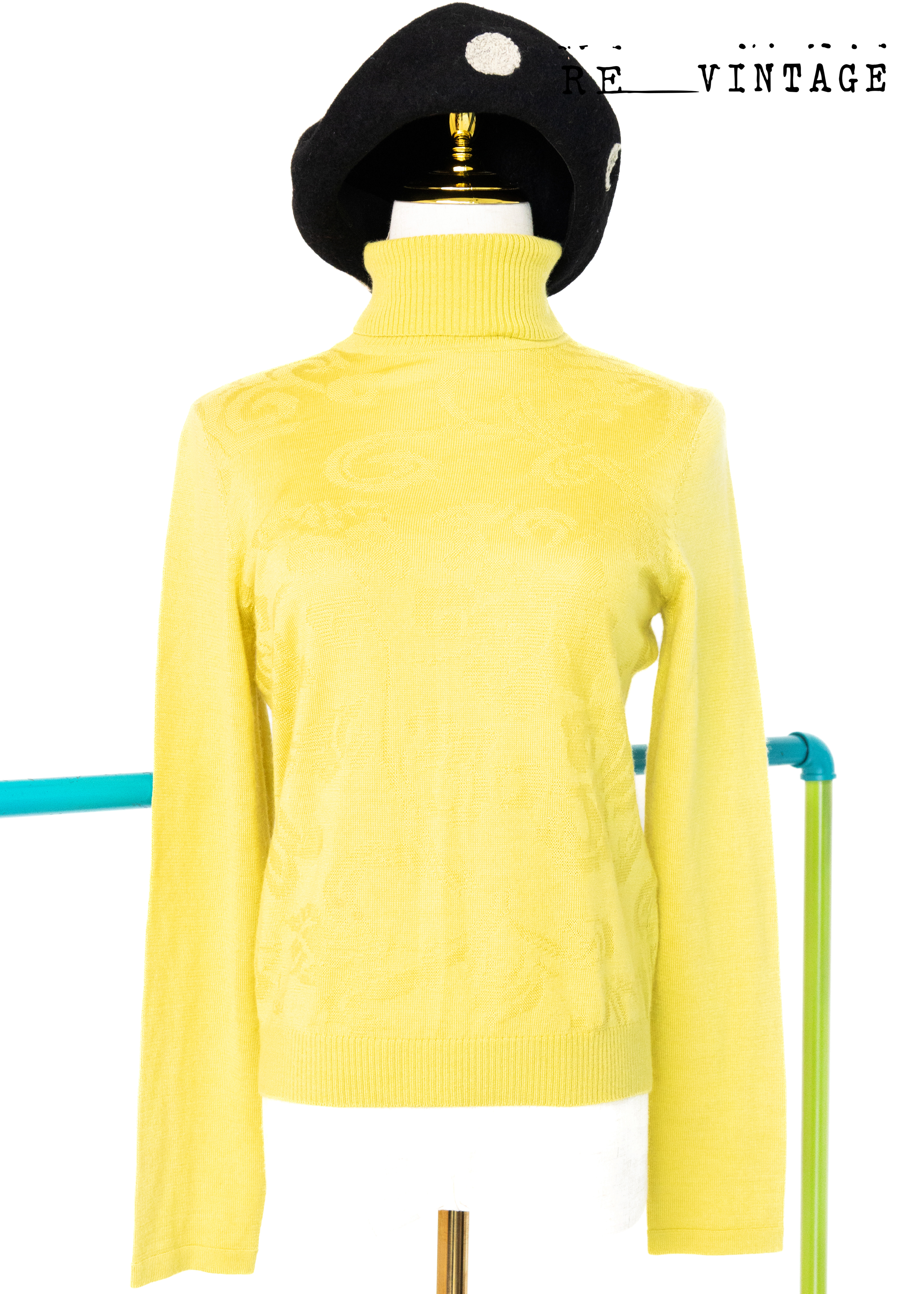 薄款黃綠色花花圖騰高領針織上衣