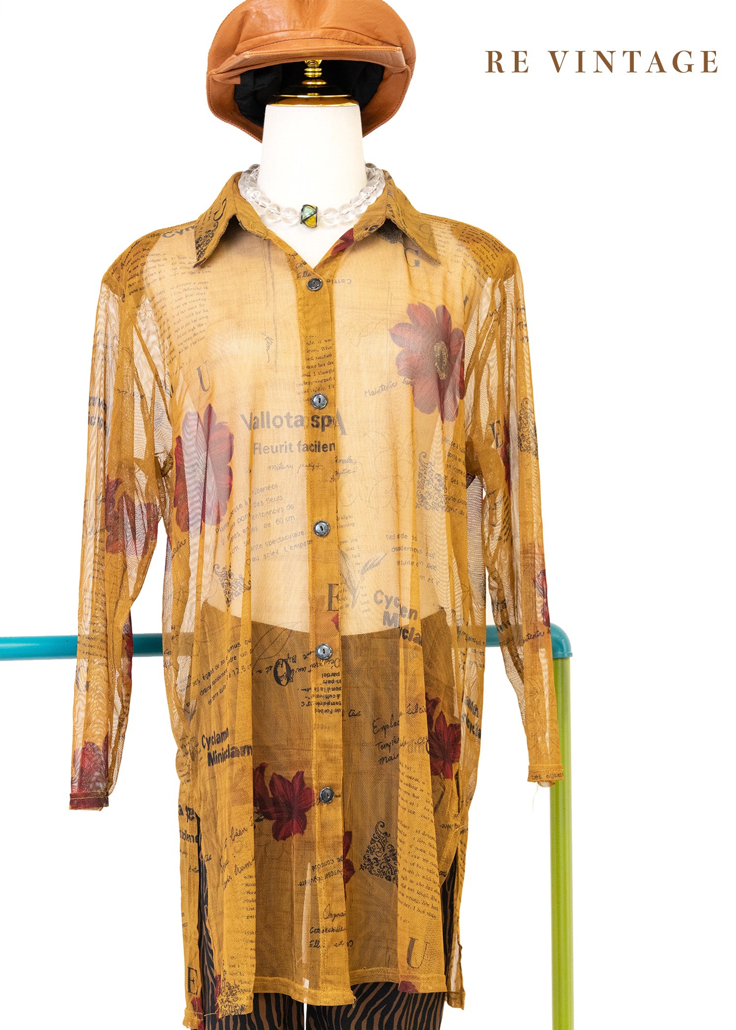 焦糖黃大紅花網紗長版襯衫