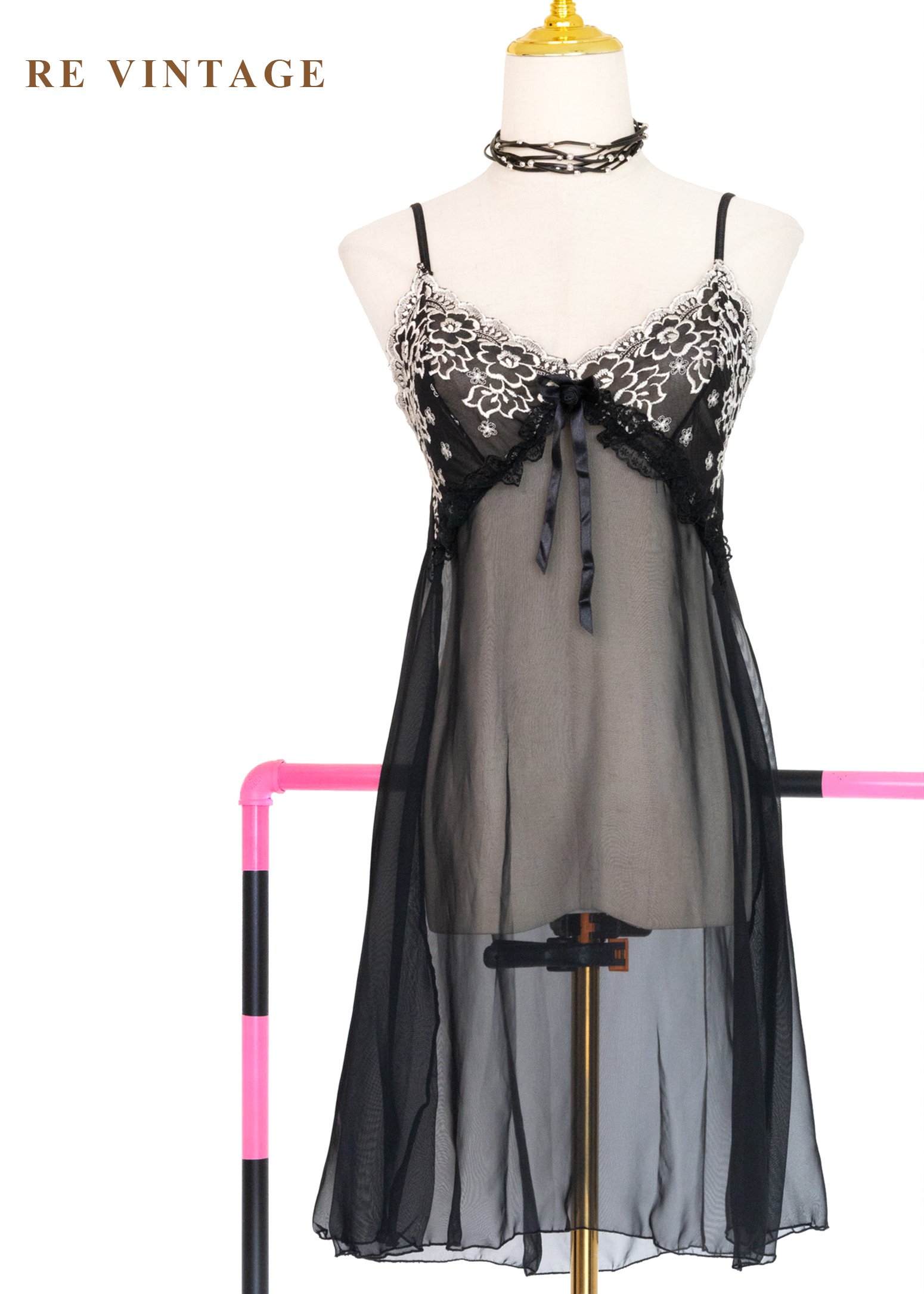 浪漫黑花園細肩帶透膚洋裝