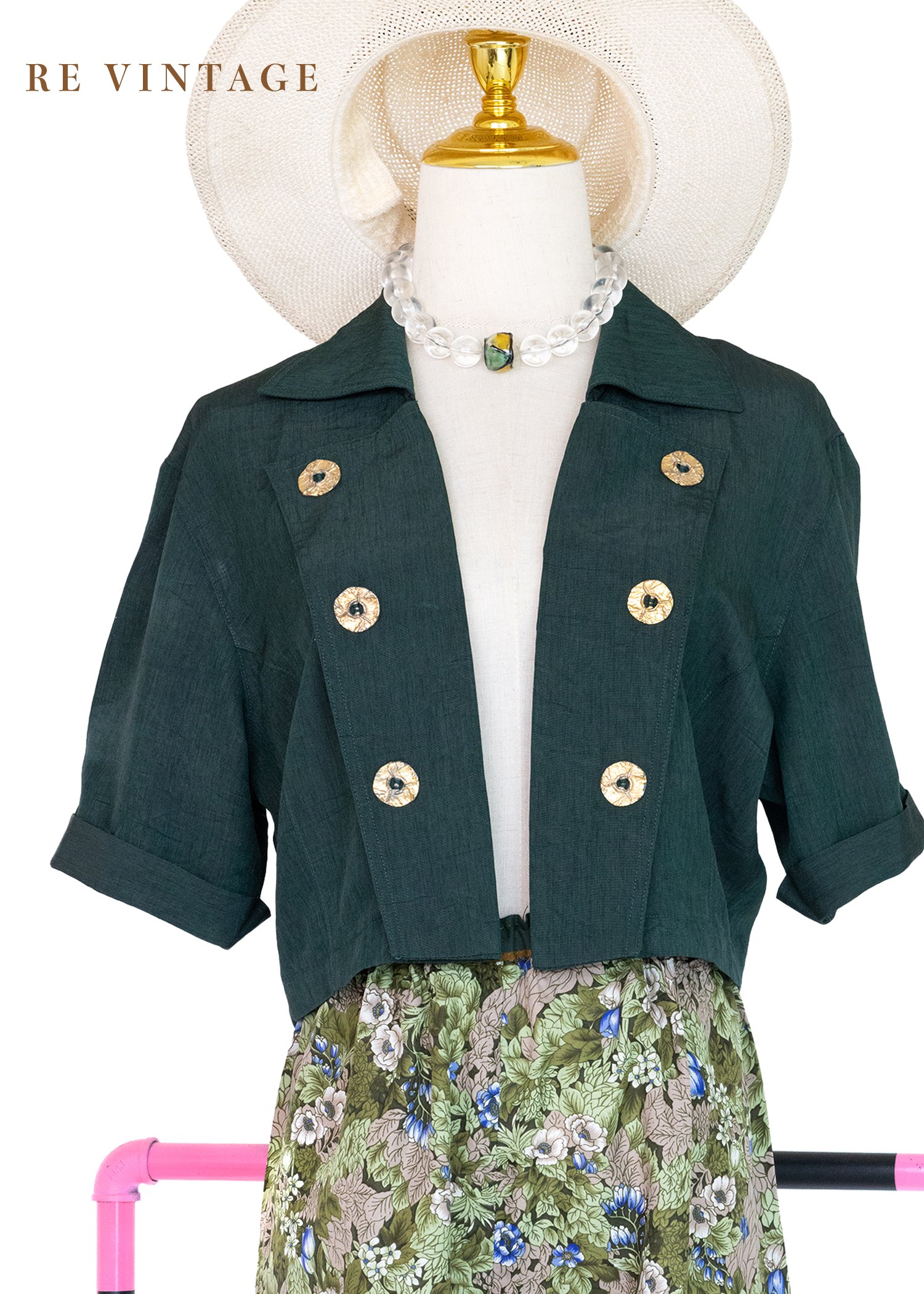 復古精緻墨綠色金釦短版上衣/罩衫